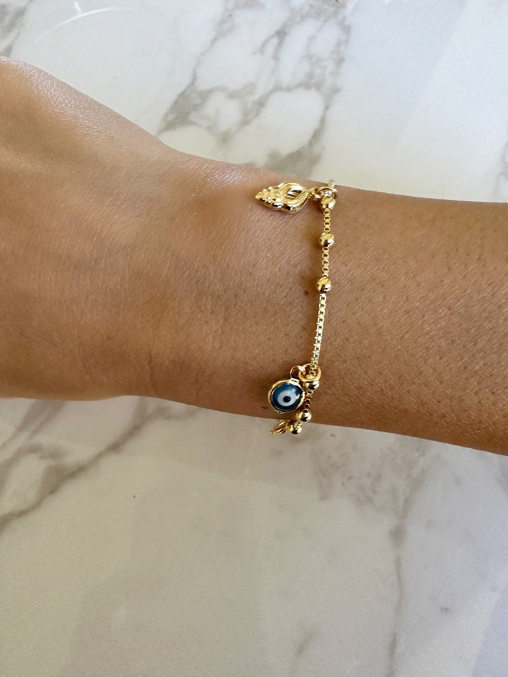 18k Gold Filled Evil Eye Bracelet with Gold Sea Shells - Dainty Beach Jewelry