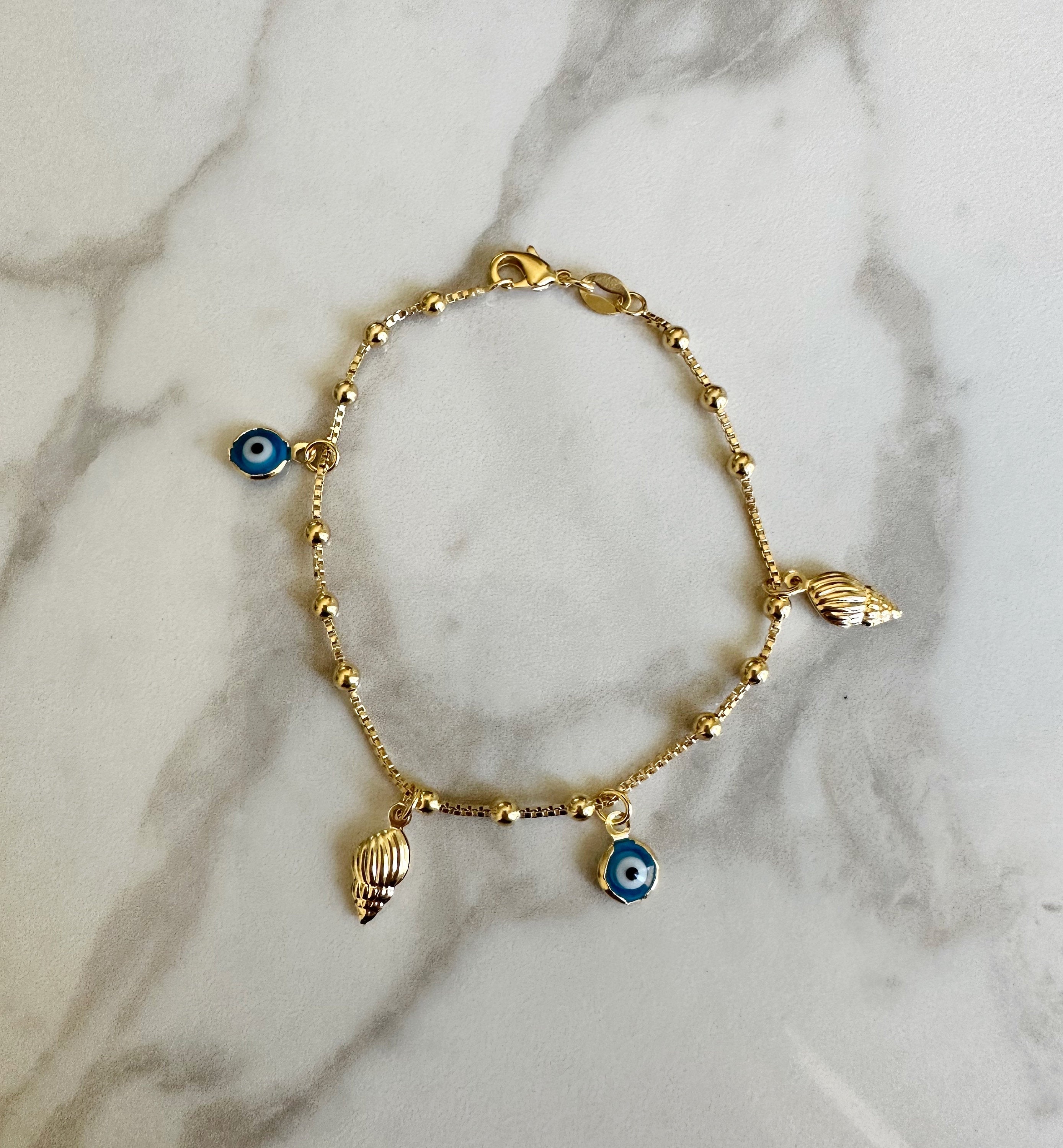 18k Gold Filled Evil Eye Bracelet with Gold Sea Shells - Dainty Beach Jewelry