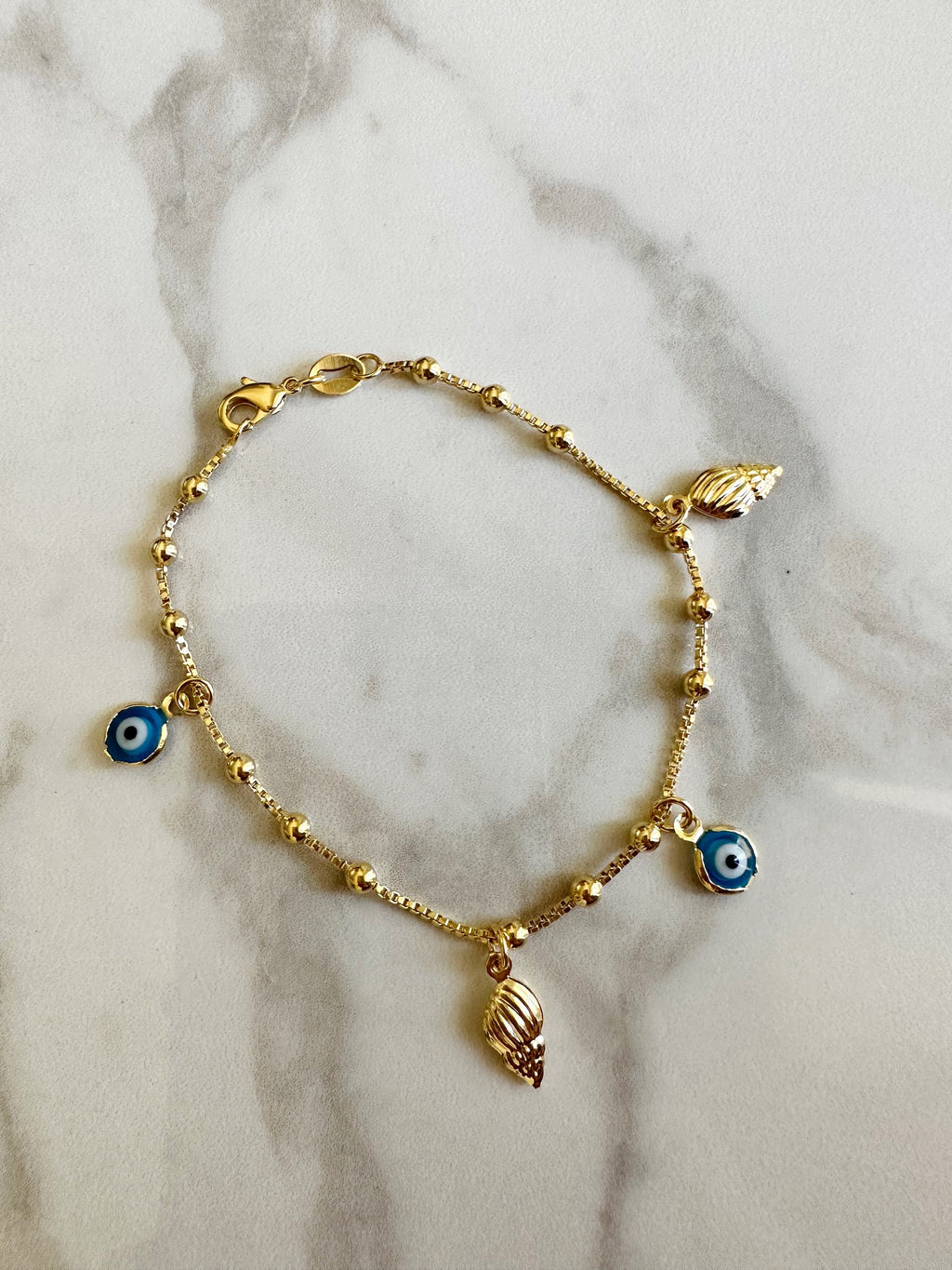 18k Gold Filled Evil Eye Bracelet with Gold Sea Shells - Dainty Beach Jewelry