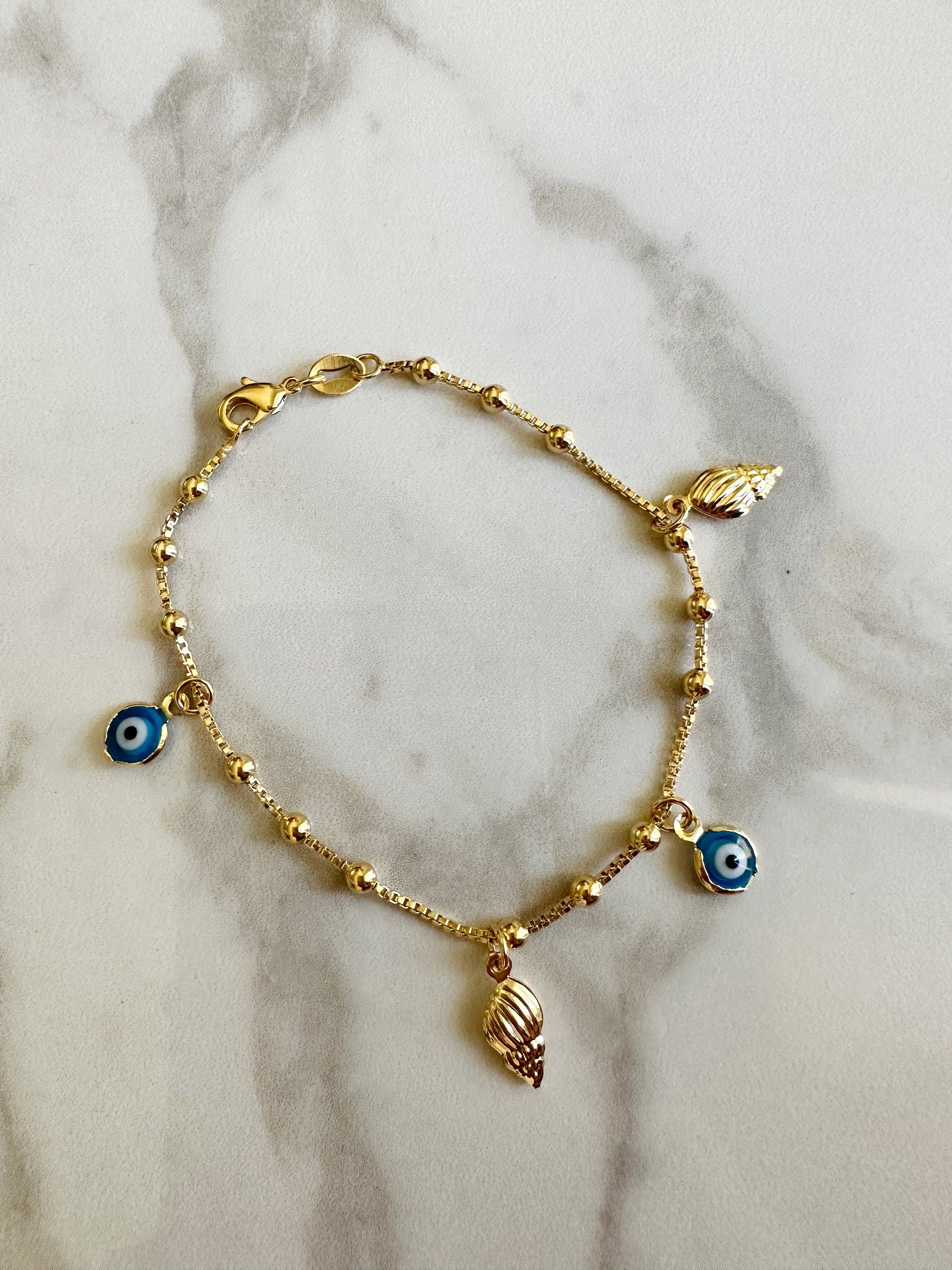 18k Gold Filled Evil Eye Bracelet with Gold Sea Shells - Dainty Beach Jewelry