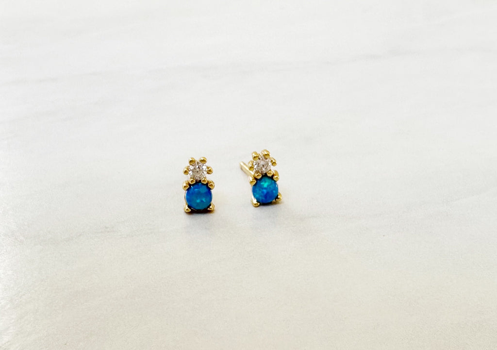 Blue Opal CZ Gold Stud Earrings, Opal Studs, Opal Earrings