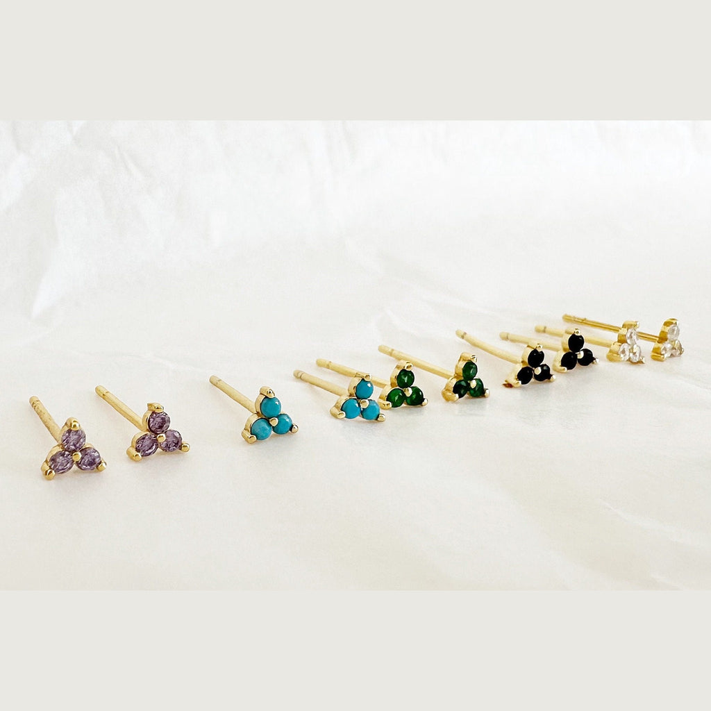 Small Green CZ Trio Stud Earrings: Gold Plated Sterling Silver