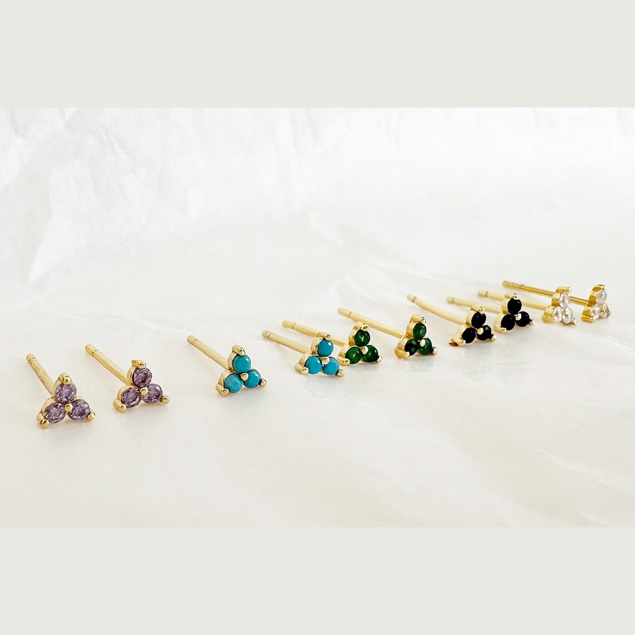 Small Green CZ Trio Stud Earrings: Gold Plated Sterling Silver