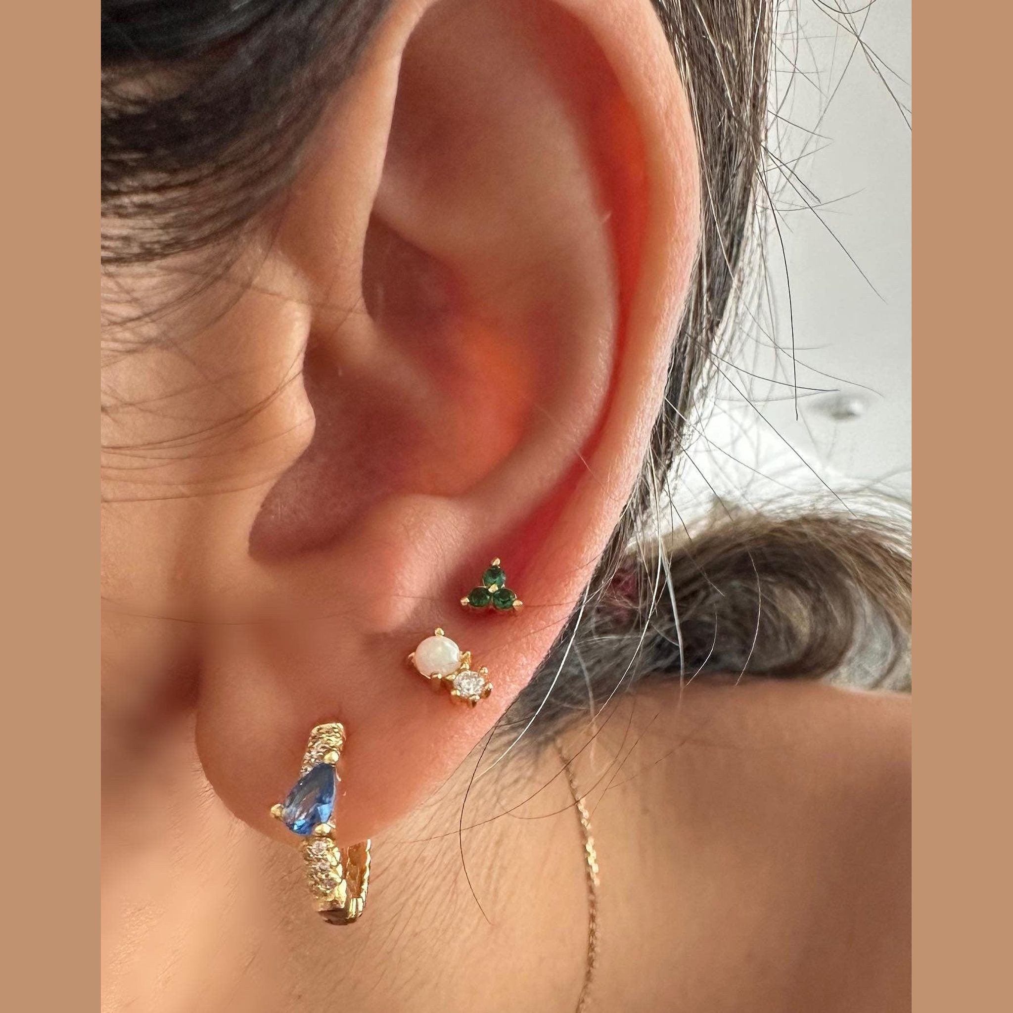 Small Green CZ Trio Stud Earrings: Gold Plated Sterling Silver