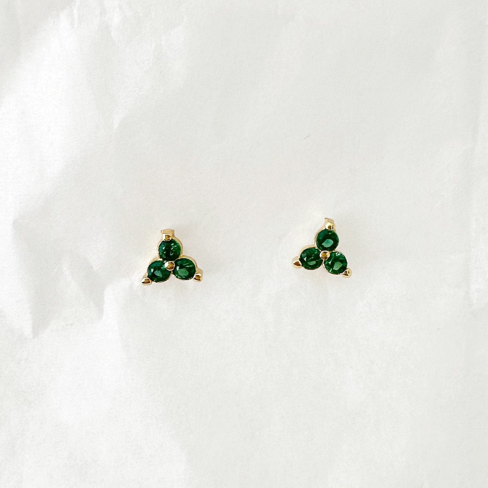 Small Green CZ Trio Stud Earrings: Gold Plated Sterling Silver