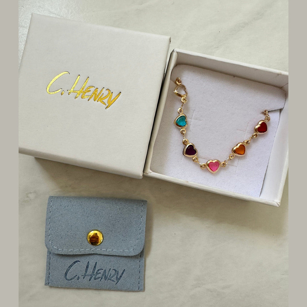 18k Gold Filled Heart Bracelet: Multicolored CZ Dainty Chain Valentines Day
