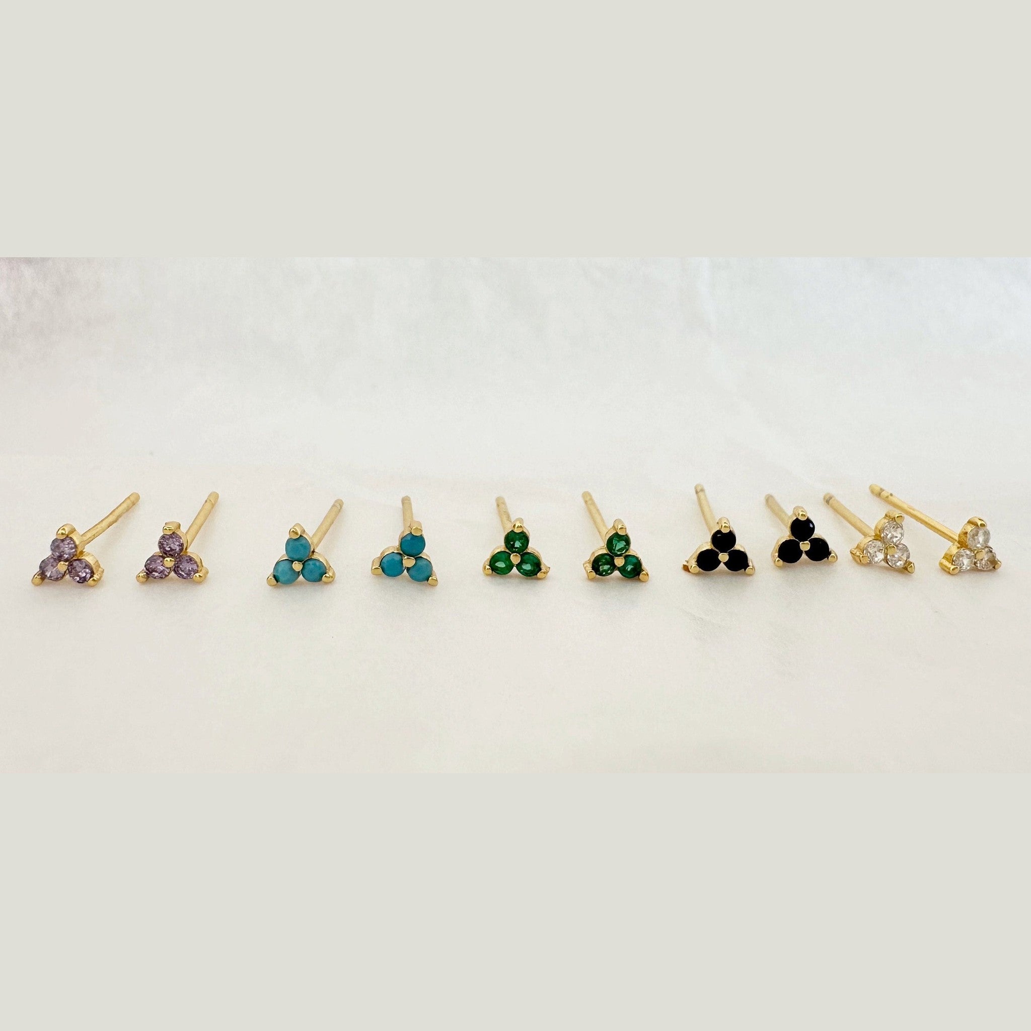 Small Green CZ Trio Stud Earrings: Gold Plated Sterling Silver