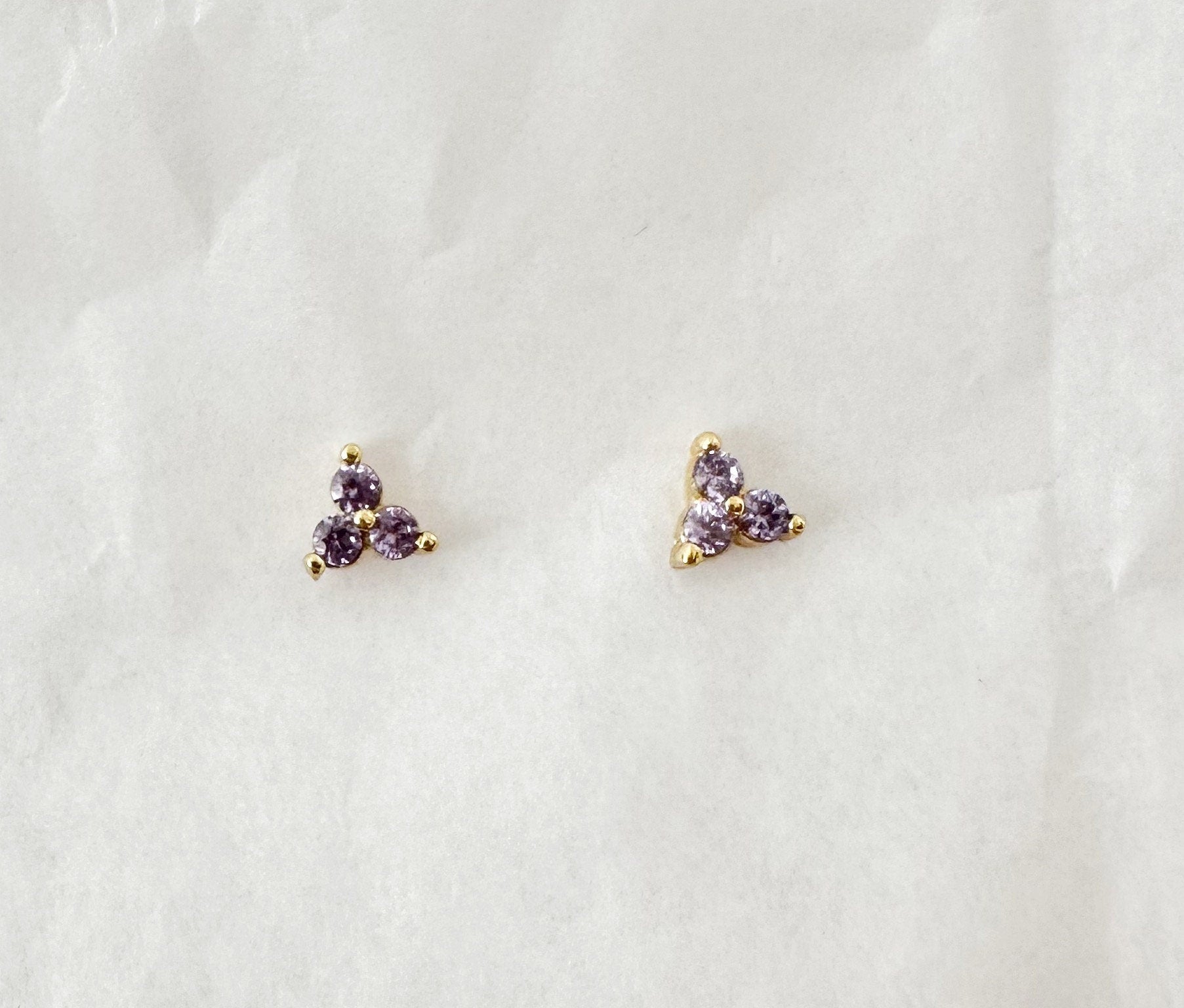 Small Purple CZ Stud Earrings: 18k Gold Plated Sterling Silver