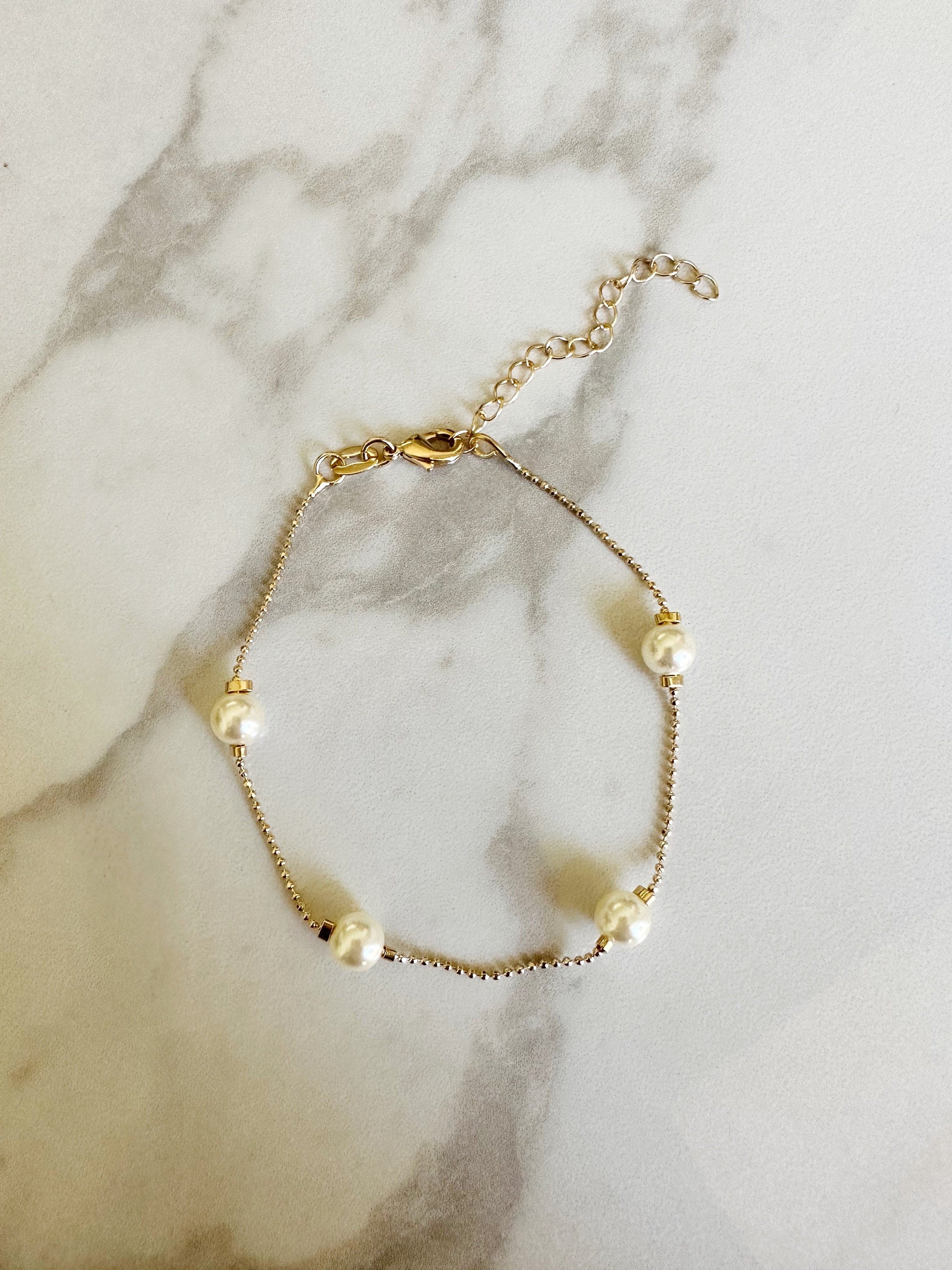 18k gold filled Pearl beaded Ball Chain Bracelet, Dainty Bracelet