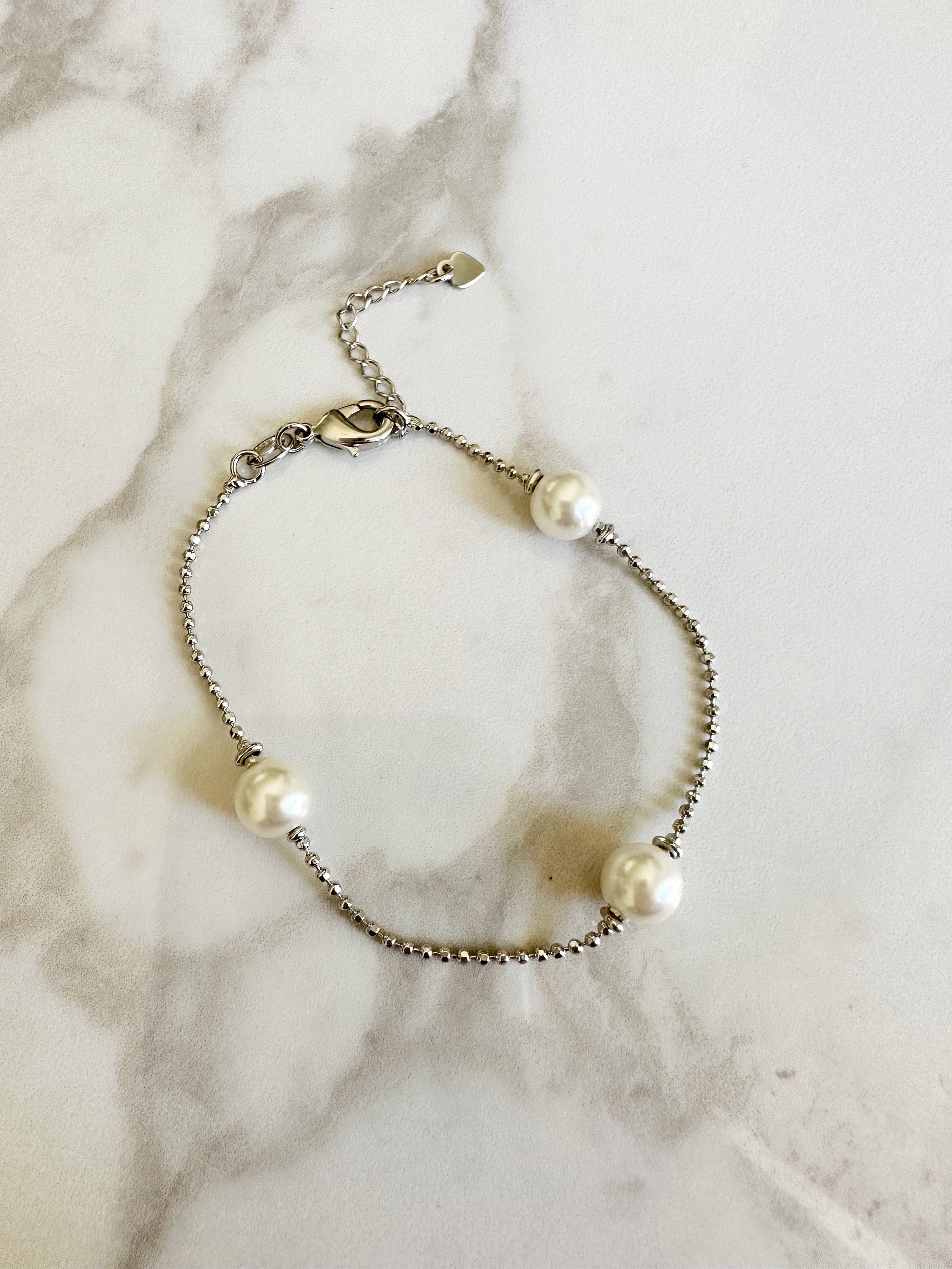 18k gold filled Rhodium Pearl beaded Ball Chain Bracelet, Dainty Bracelet