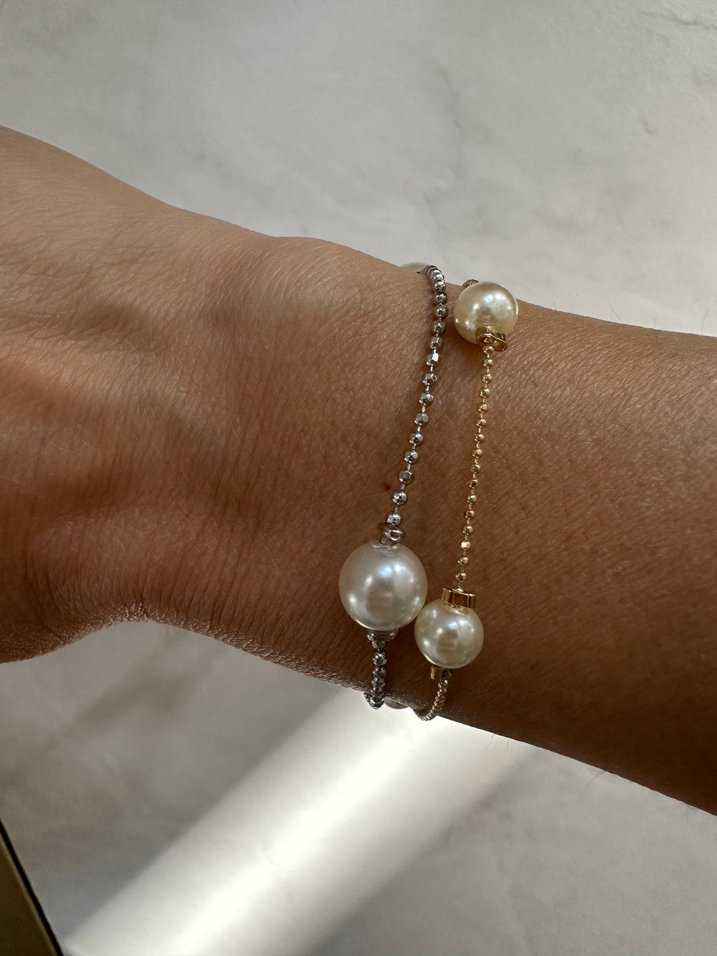 18k gold filled Rhodium Pearl beaded Ball Chain Bracelet, Dainty Bracelet