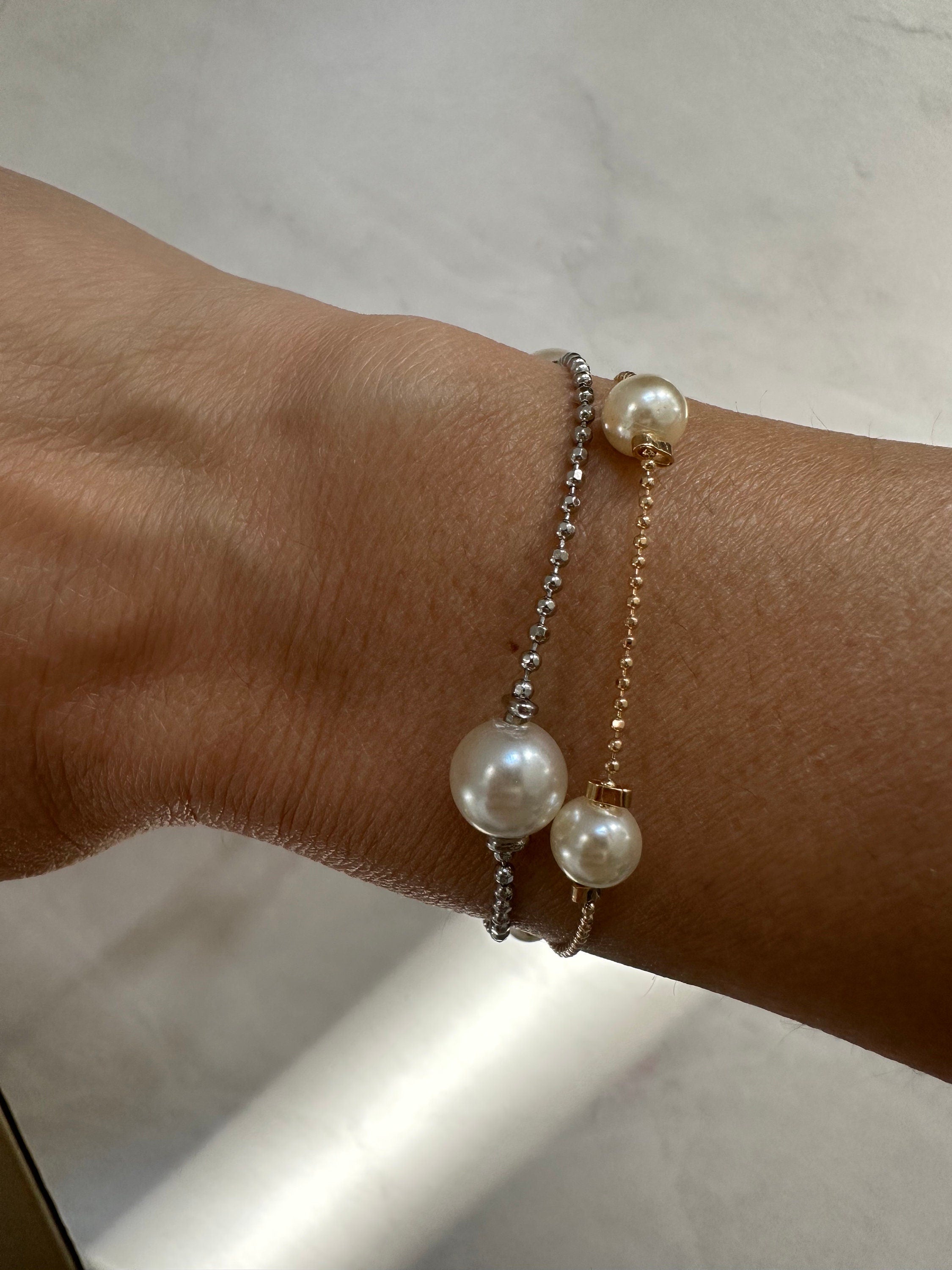 18k gold filled Rhodium Pearl beaded Ball Chain Bracelet, Dainty Bracelet