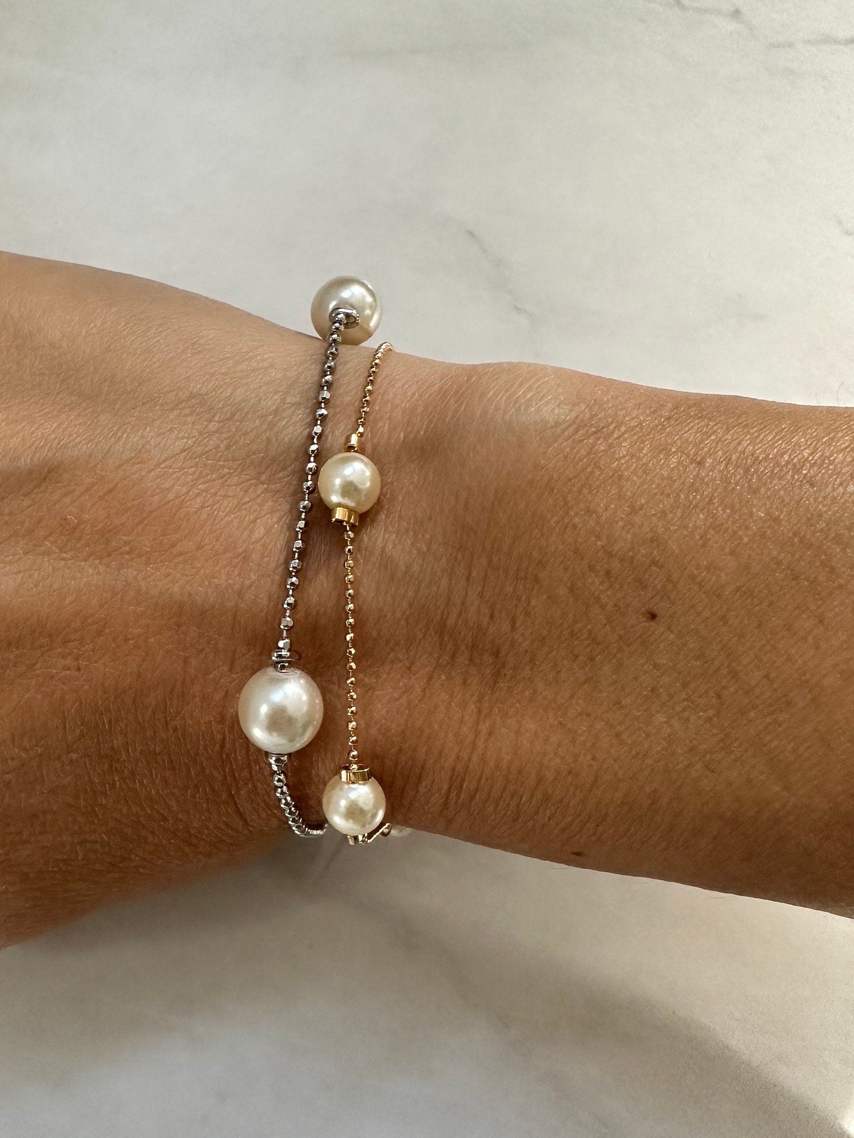 18k gold filled Rhodium Pearl beaded Ball Chain Bracelet, Dainty Bracelet