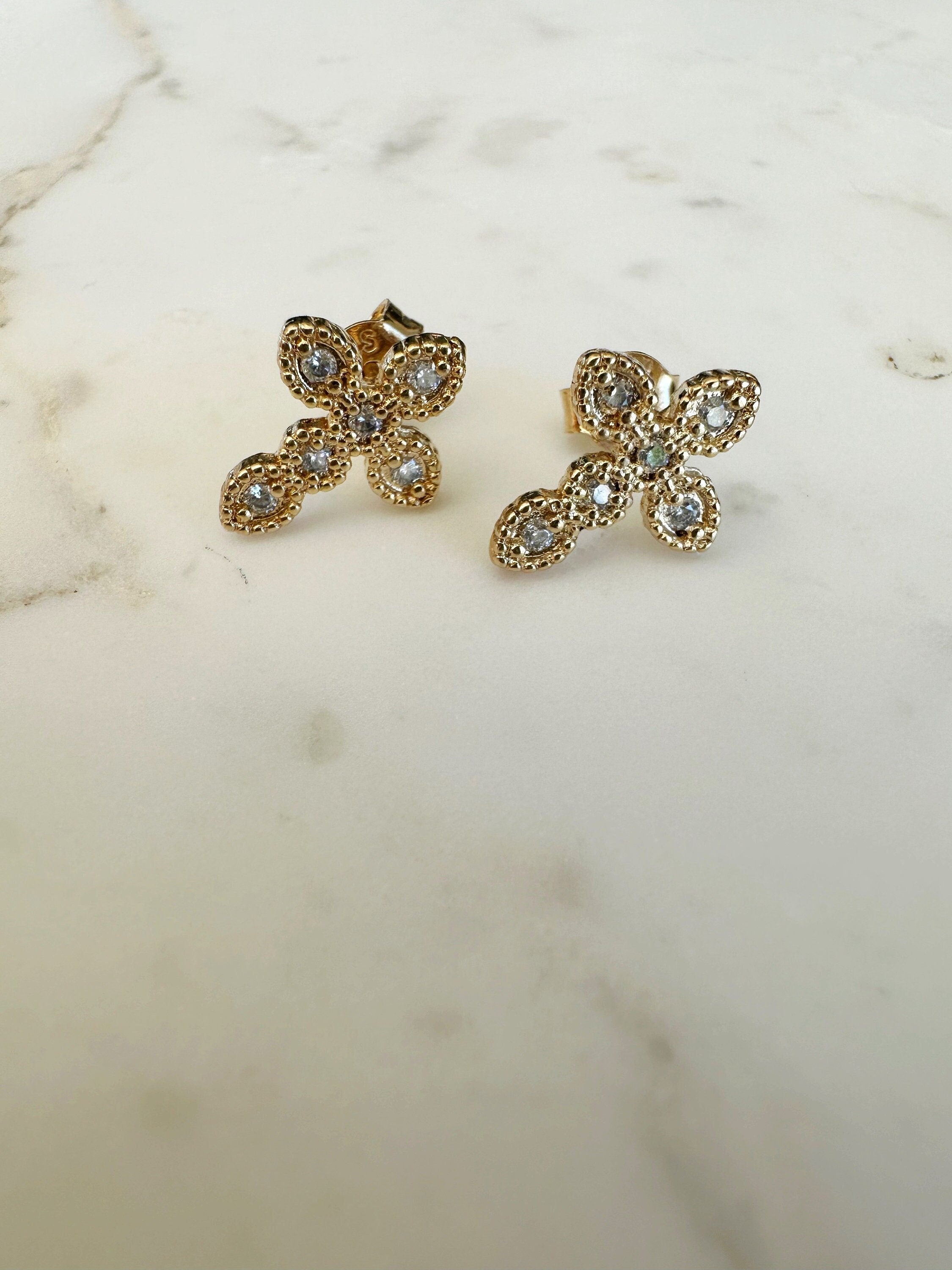18k Gold Filled CZ Cross Stud Earrings, Cross Earrings, Gold Studs