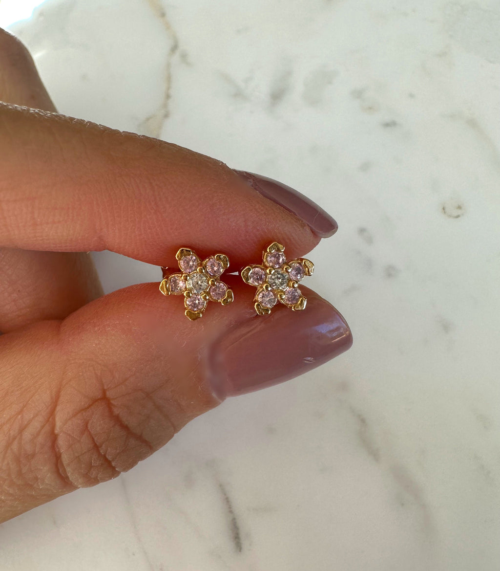 Pink Flower CZ Stud Earrings