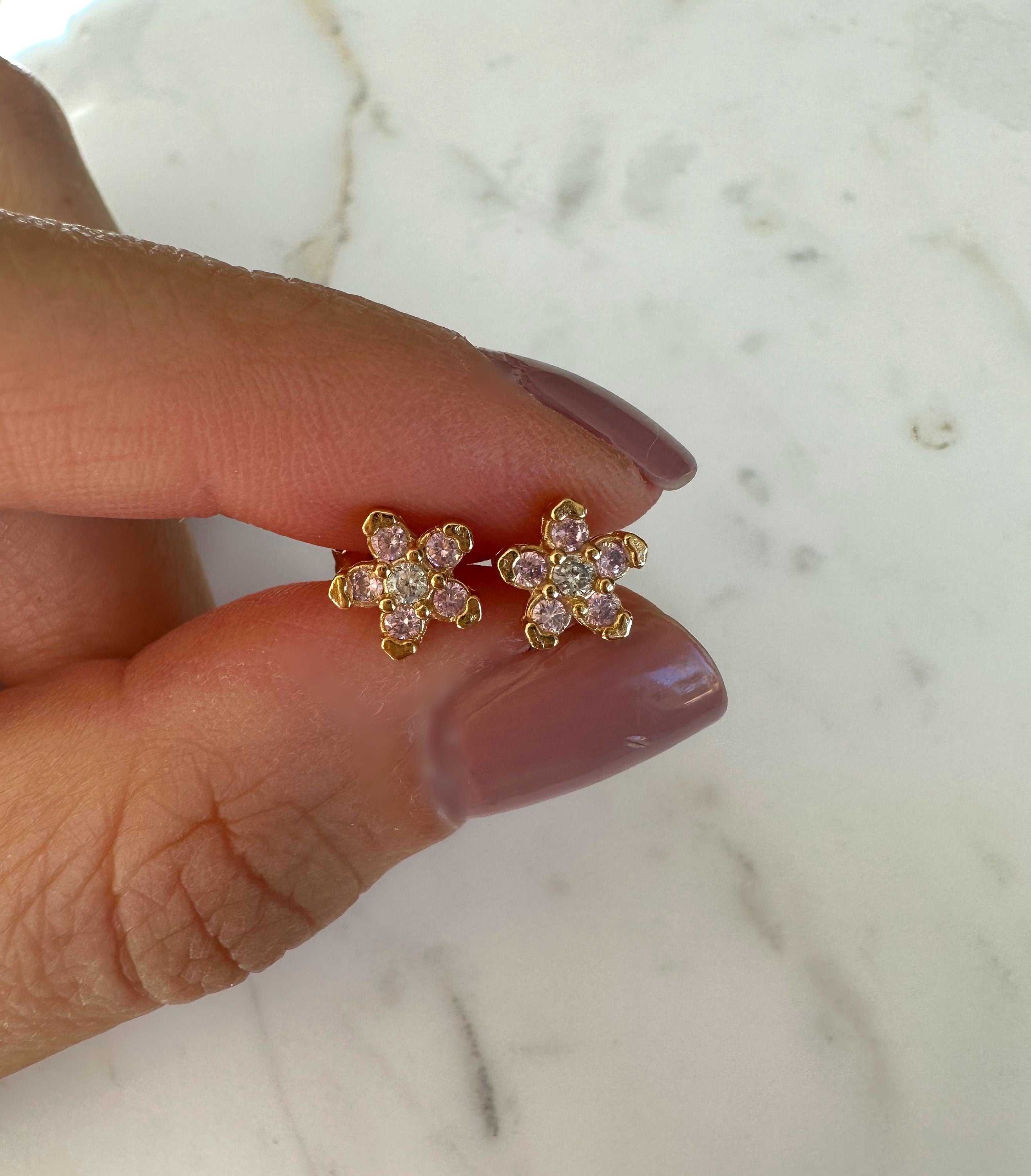 Pink Flower CZ Stud Earrings