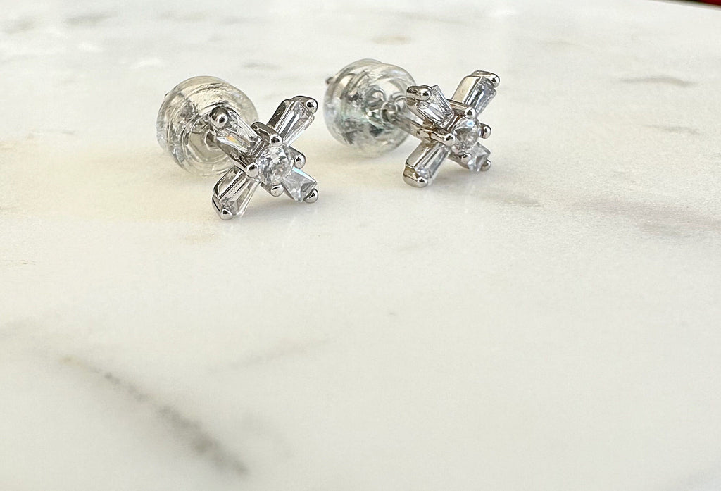 Silver CZ Cross X Stud Earrings, Silver Studs