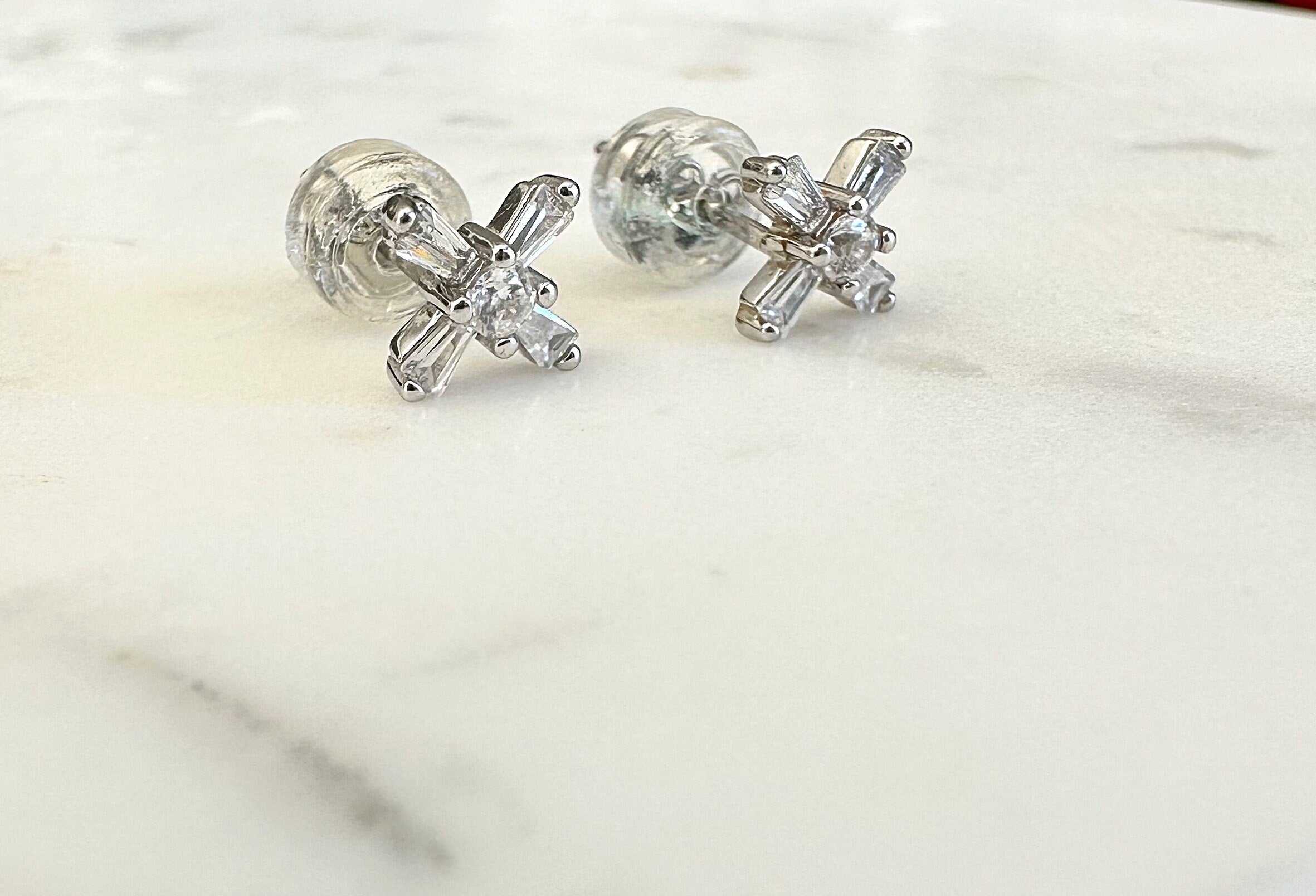 Silver CZ Cross X Stud Earrings, Silver Studs