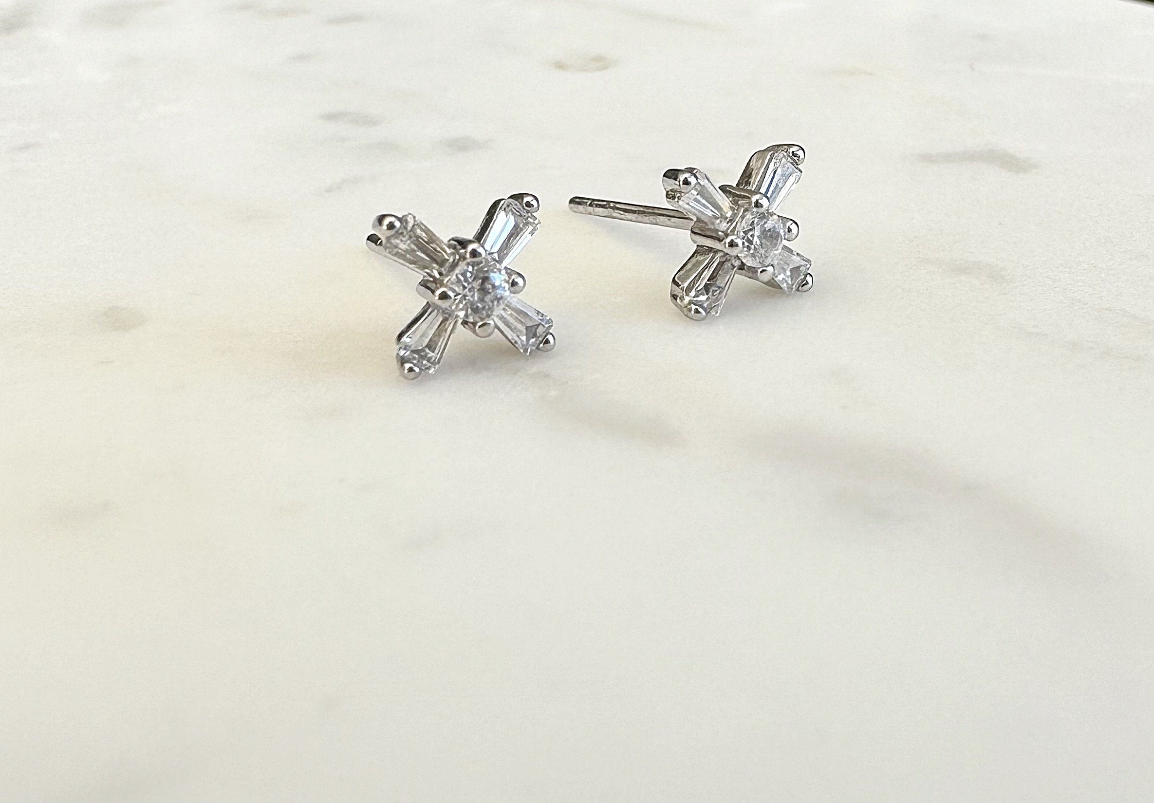 Silver CZ Cross X Stud Earrings, Silver Studs