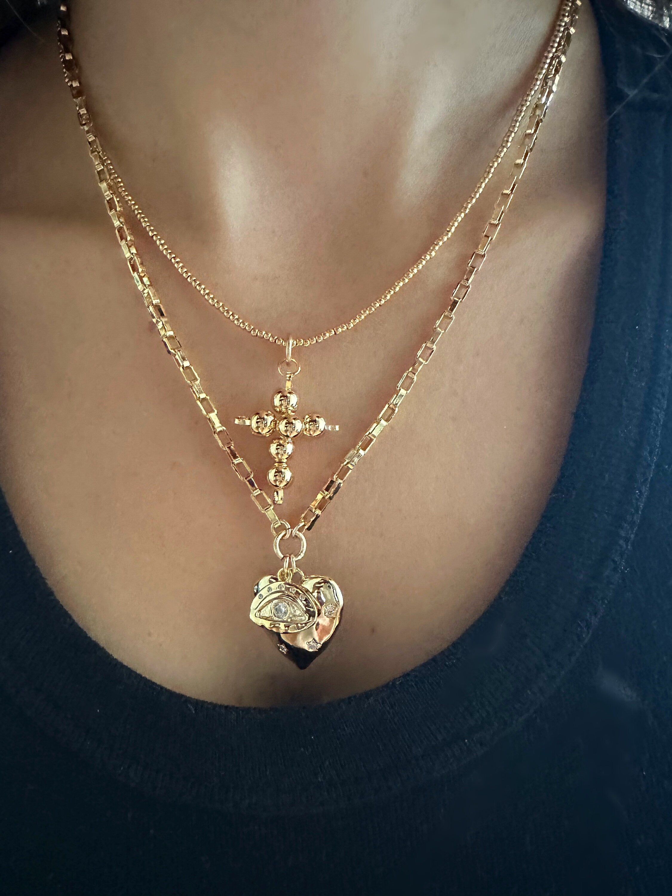 Gold Heart Evil Eye Charm Necklace: Chunky Statement Jewelry Valentines Day