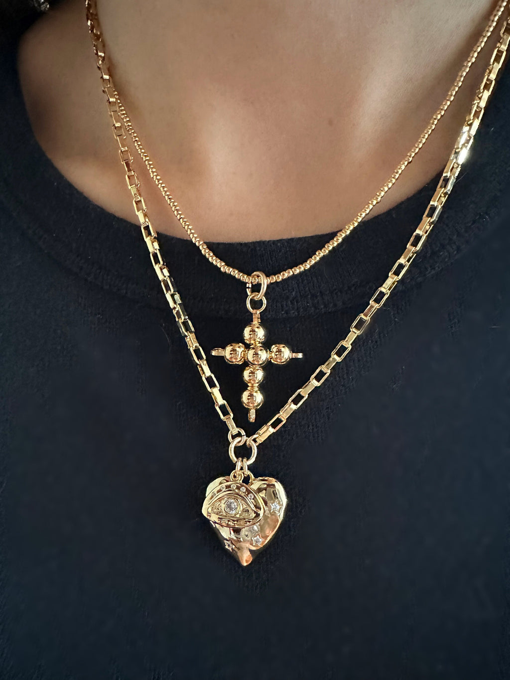 Gold Heart Evil Eye Charm Necklace: Chunky Statement Jewelry Valentines Day