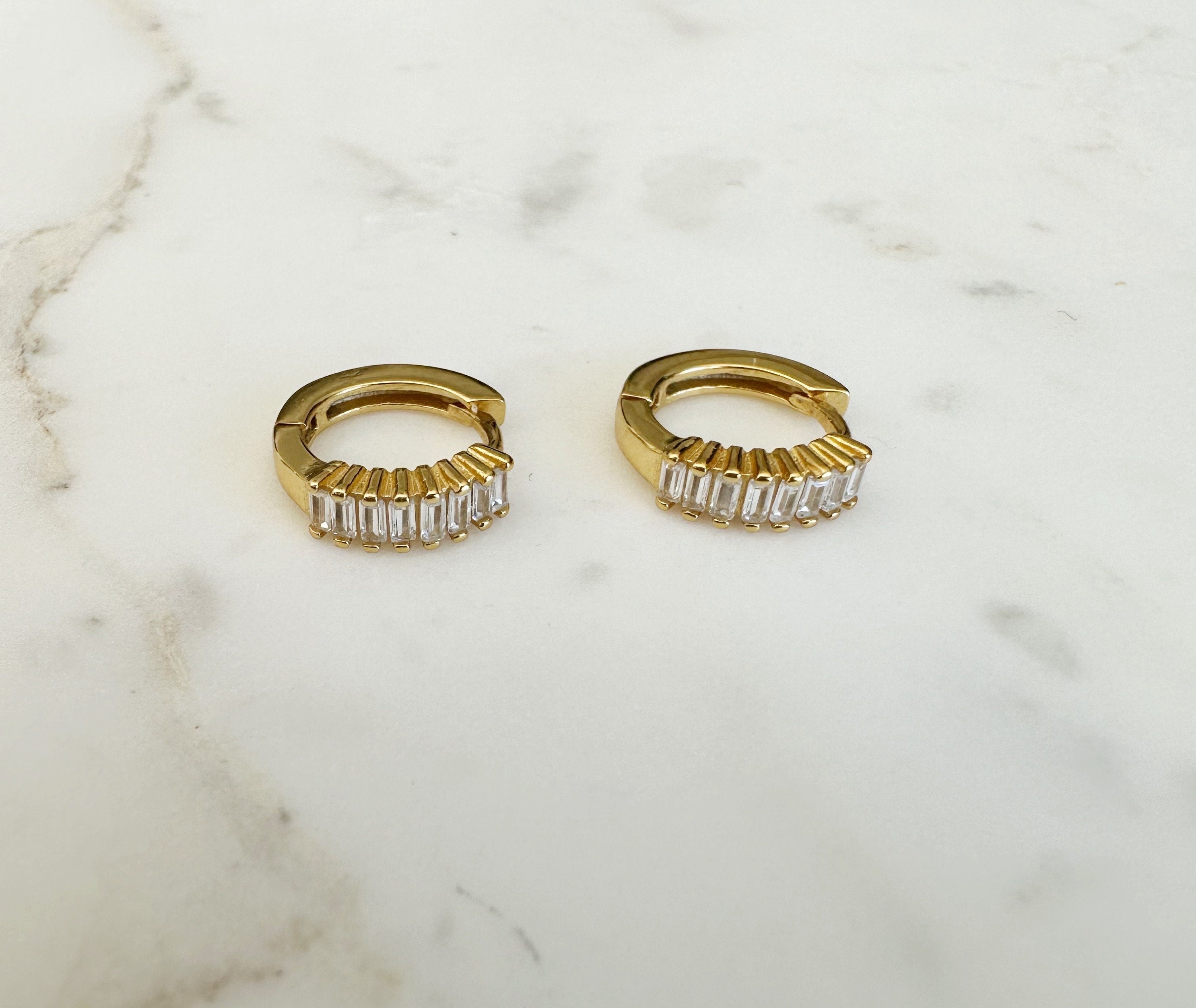 Baguette CZ Gold Huggie Hoop Earrings