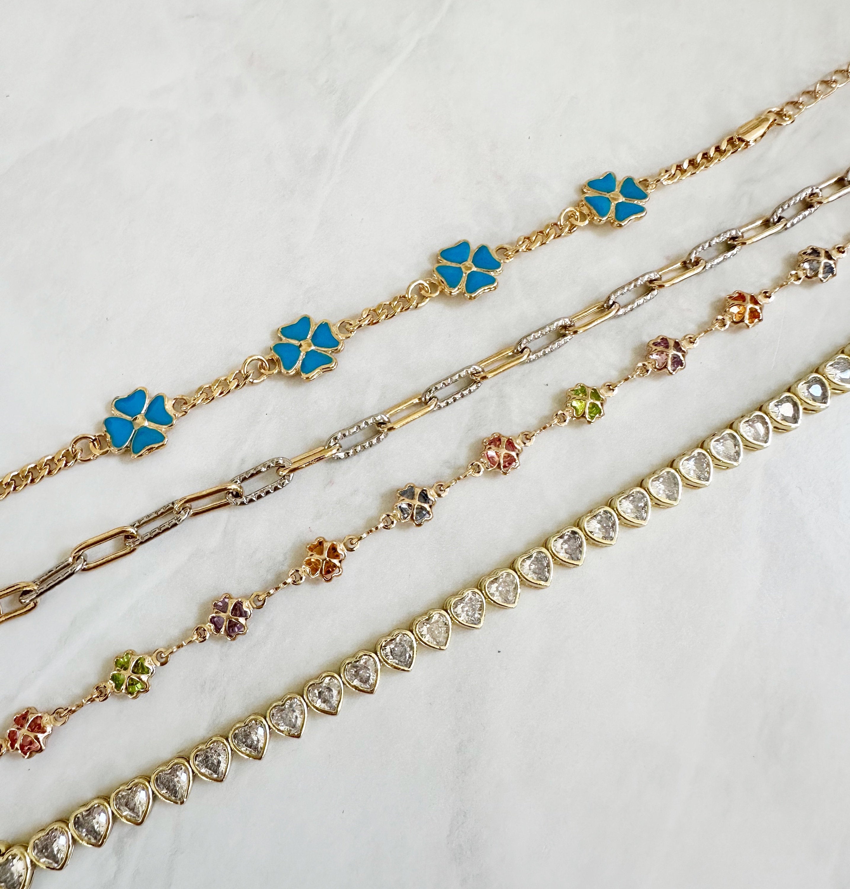 18k Gold Filled Clover Bracelet: Multicolored Cubic Zirconia, Dainty Chain