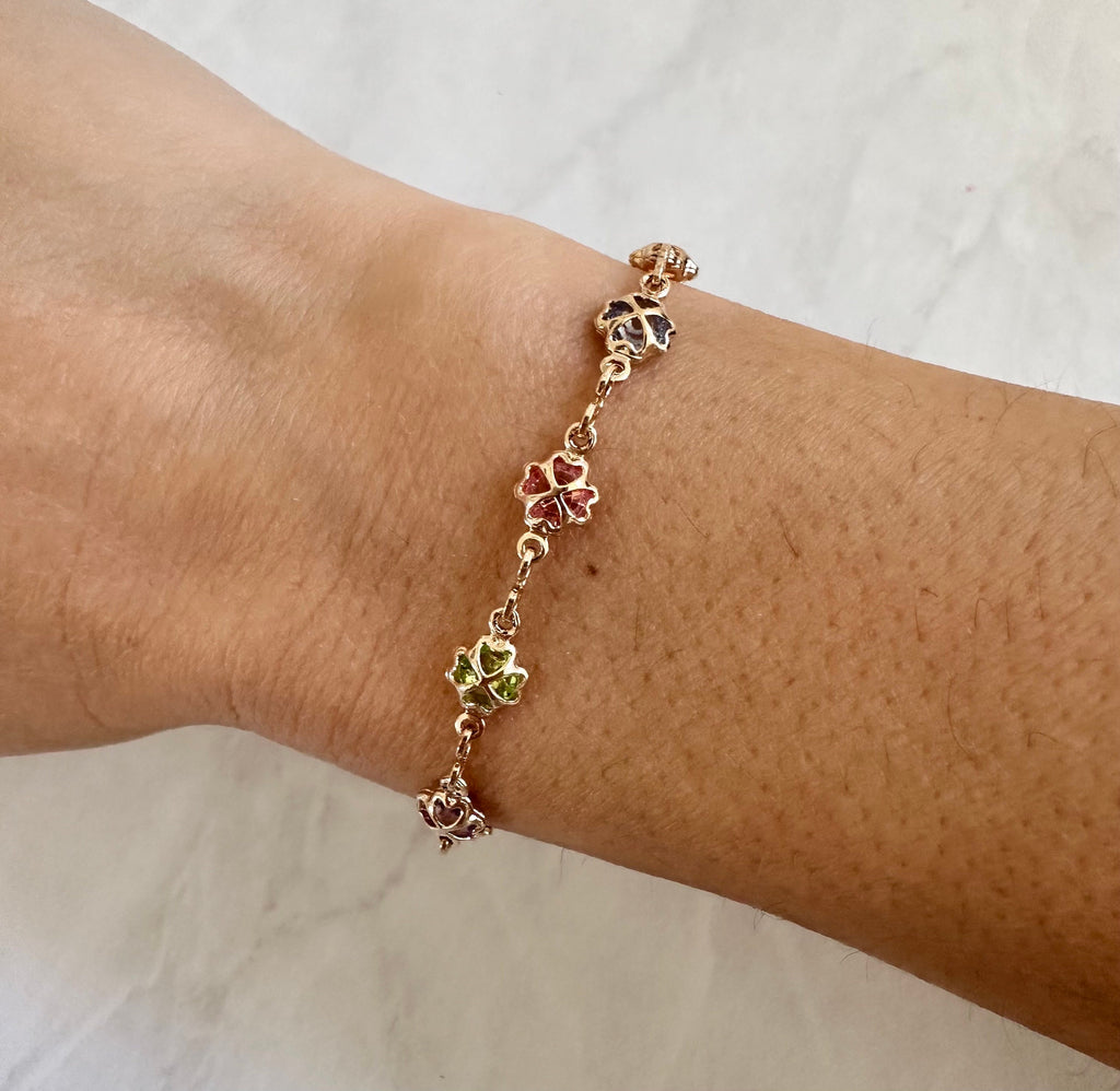 18k Gold Filled Clover Bracelet: Multicolored Cubic Zirconia, Dainty Chain
