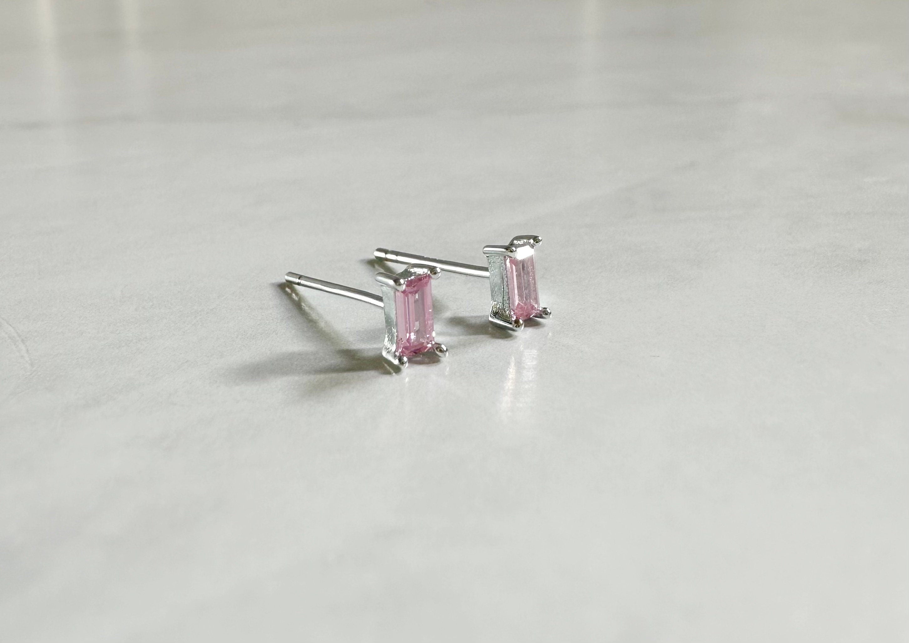 Pink CZ Silver Baguette Stud Earrings, Silver Studs, Valentine’s Day