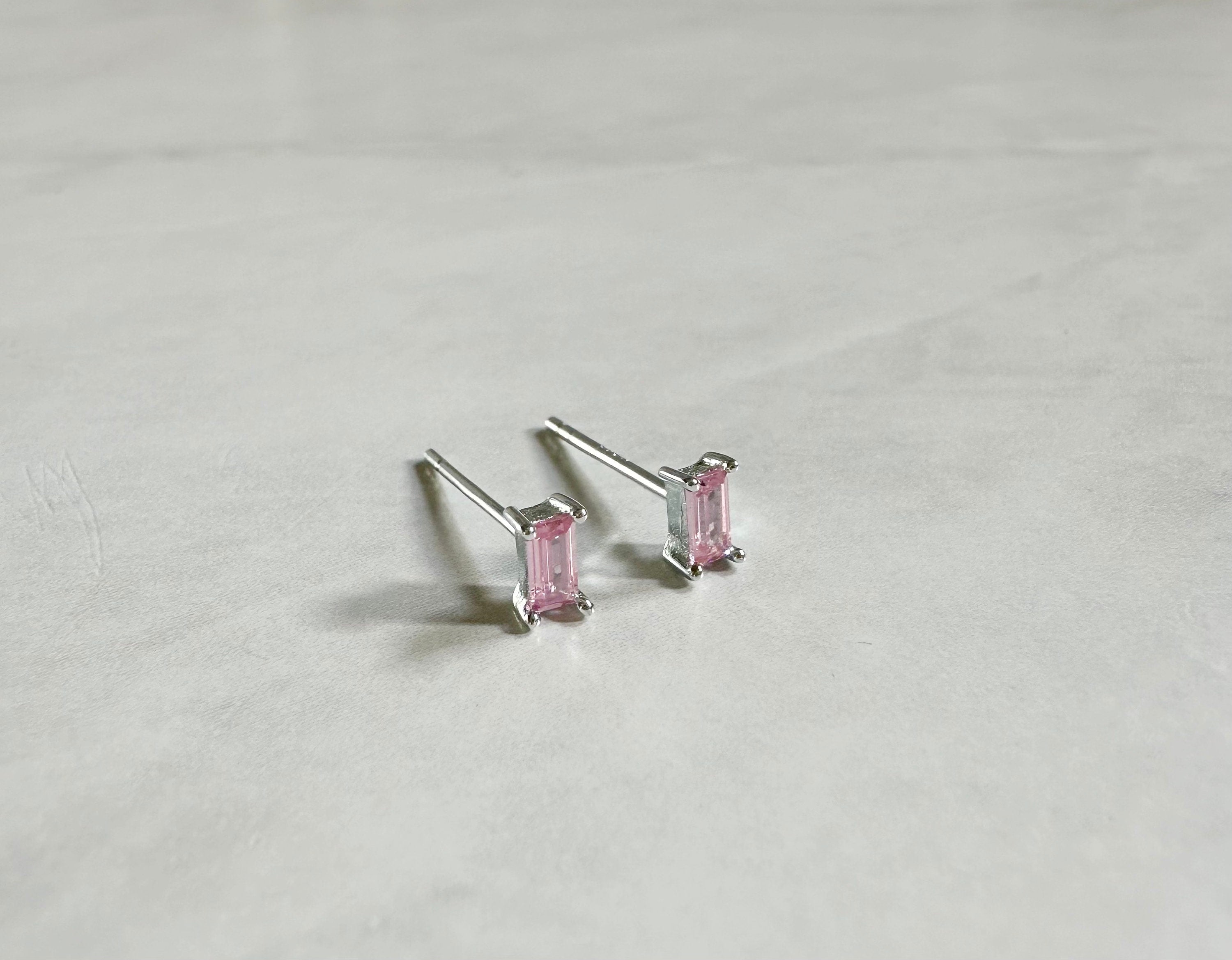 Pink CZ Silver Baguette Stud Earrings, Silver Studs, Valentine’s Day