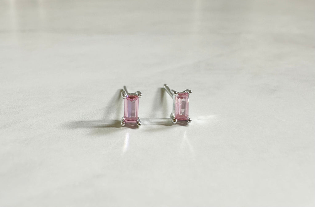 Pink CZ Silver Baguette Stud Earrings, Silver Studs, Valentine’s Day