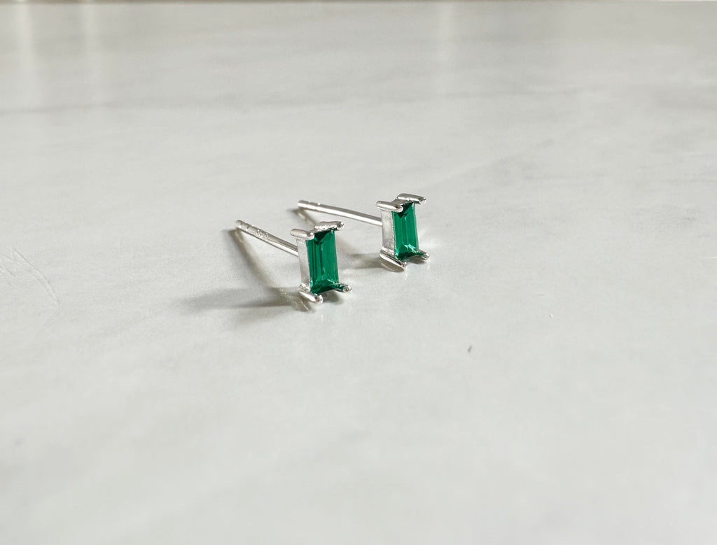 Green CZ Silver Baguette Stud Earrings, Silver Studs