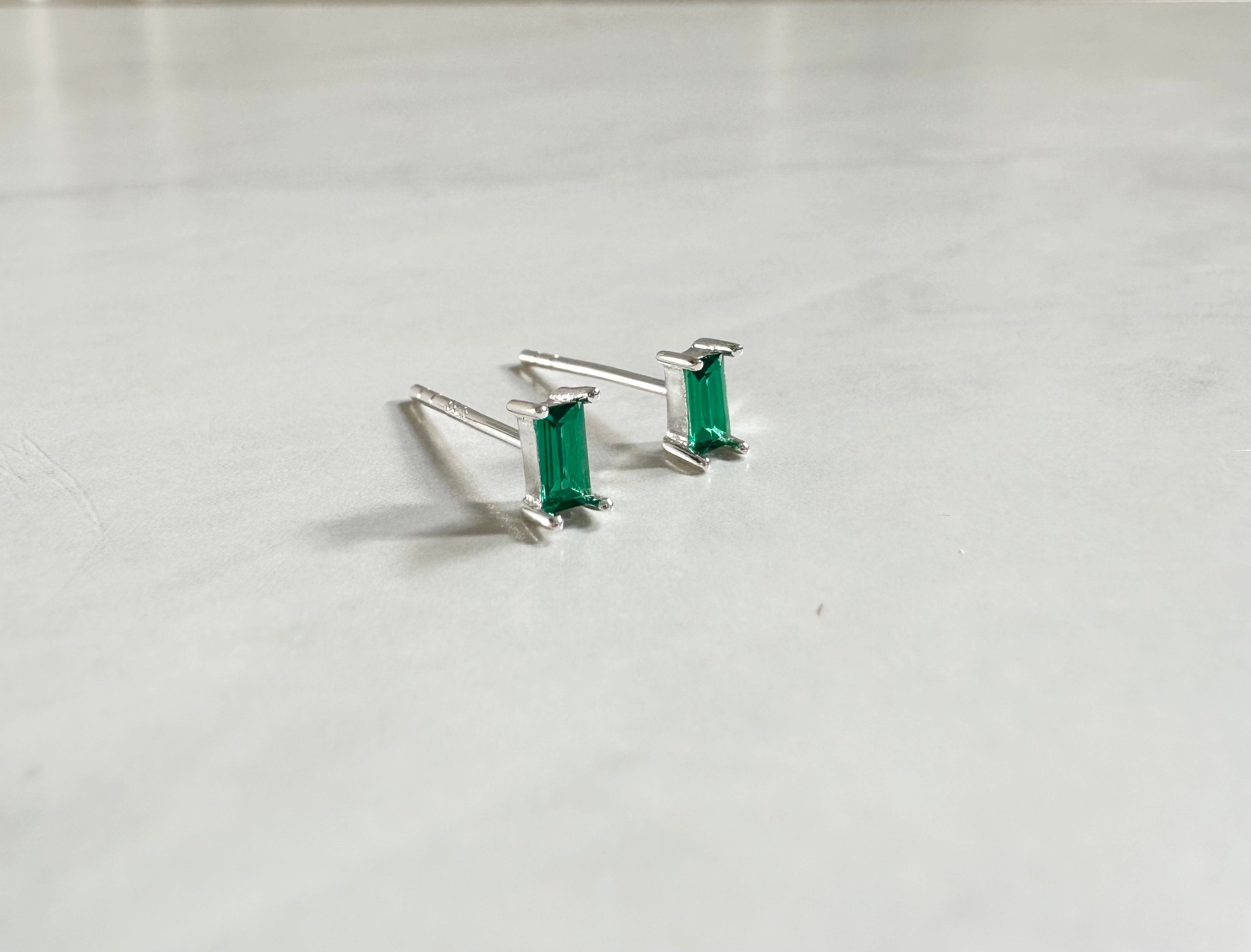 Green CZ Silver Baguette Stud Earrings, Silver Studs