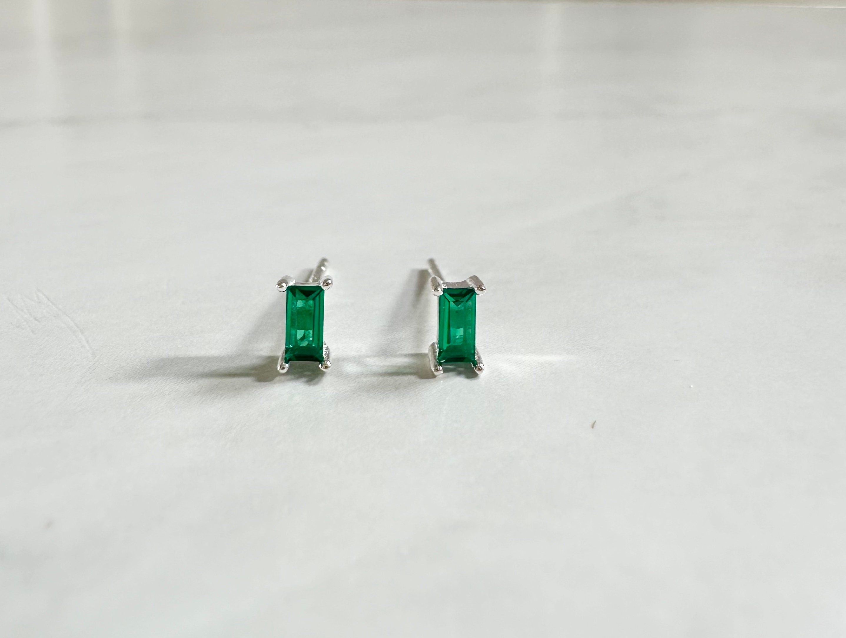 Green CZ Silver Baguette Stud Earrings, Silver Studs