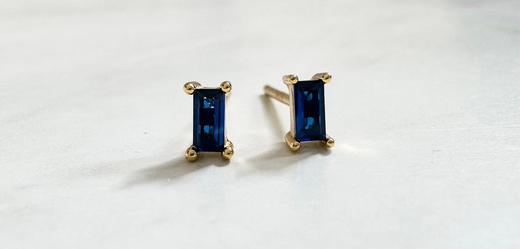 Royal Blue CZ Gold Baguette Stud Earrings, Baguette Studs