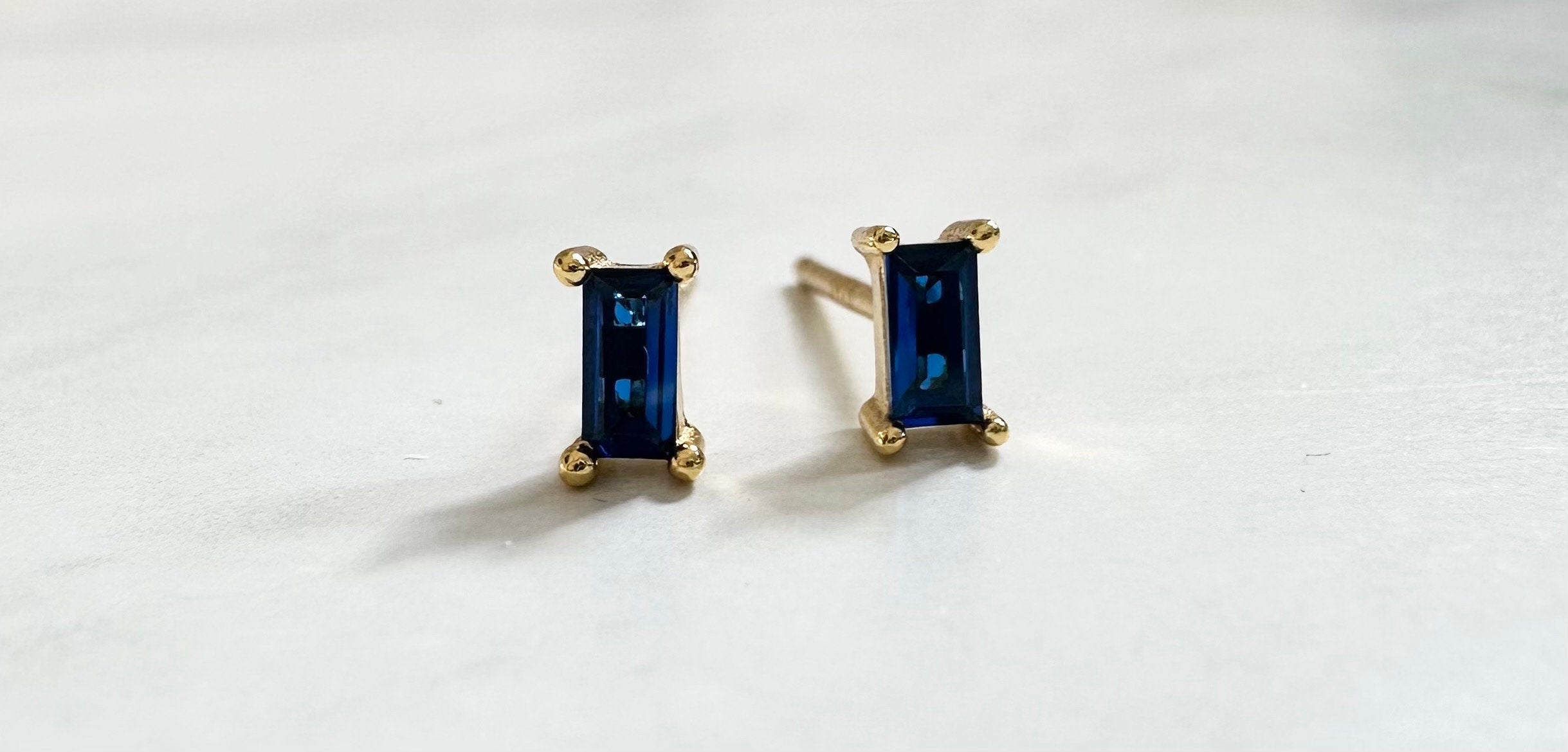 Royal Blue CZ Gold Baguette Stud Earrings, Baguette Studs