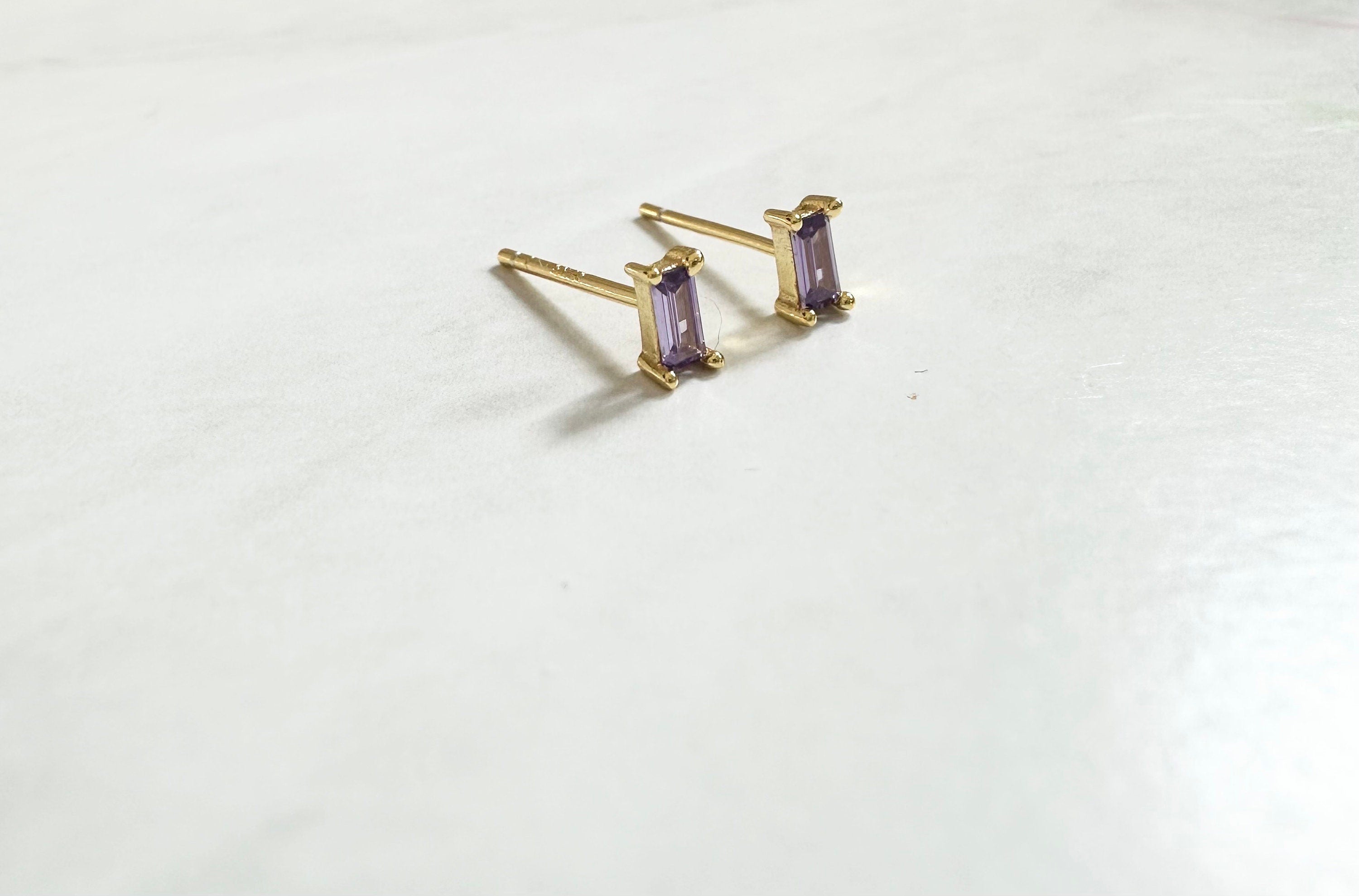 Purple CZ Gold Baguette Stud Earrings, Baguette Studs