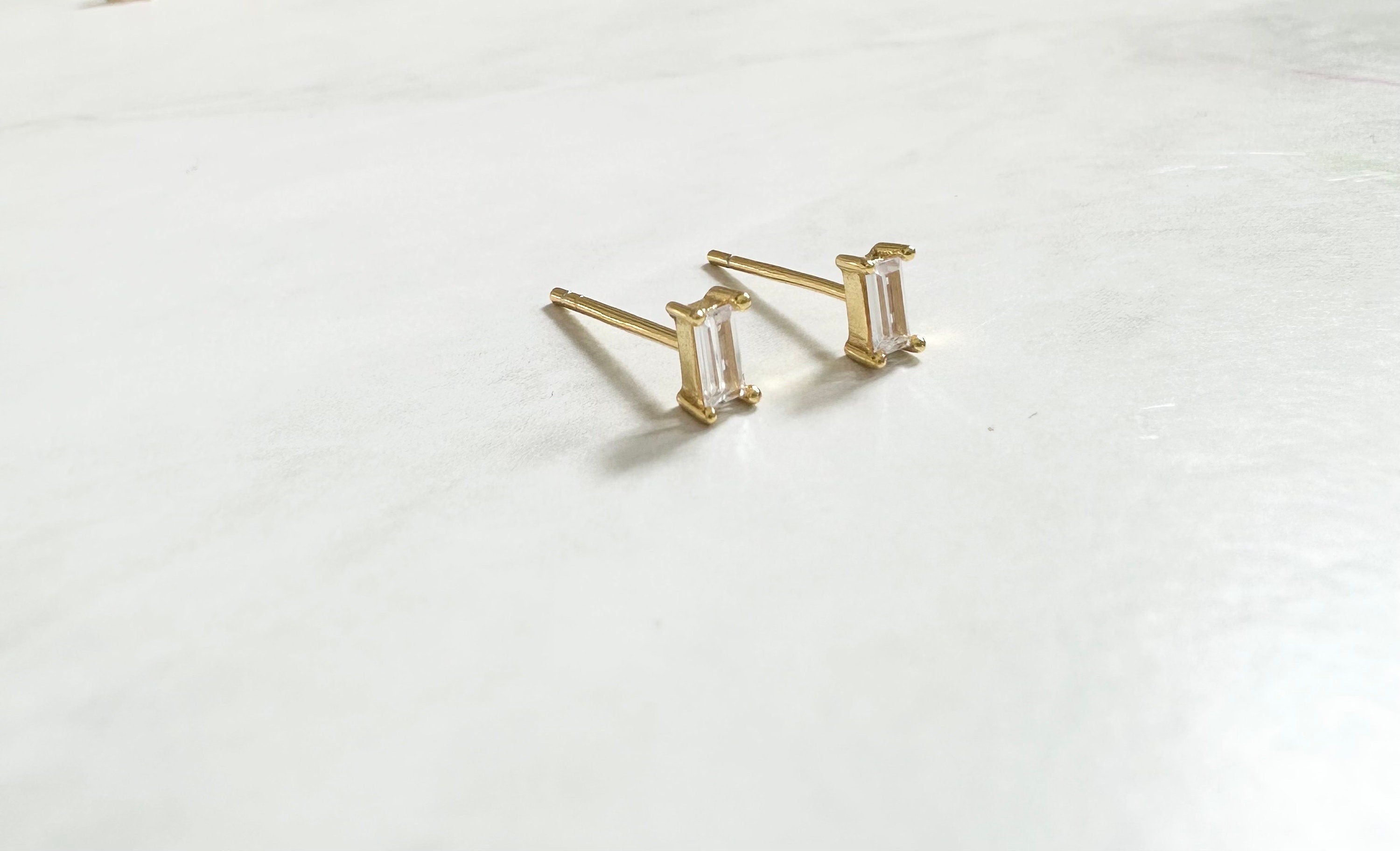 Clear CZ Gold Baguette Stud Earrings, Baguette Studs
