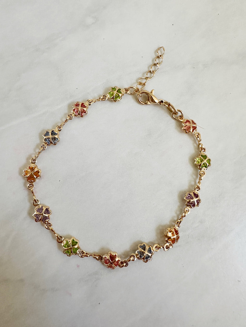 18k Gold Filled Clover Bracelet: Multicolored Cubic Zirconia, Dainty Chain