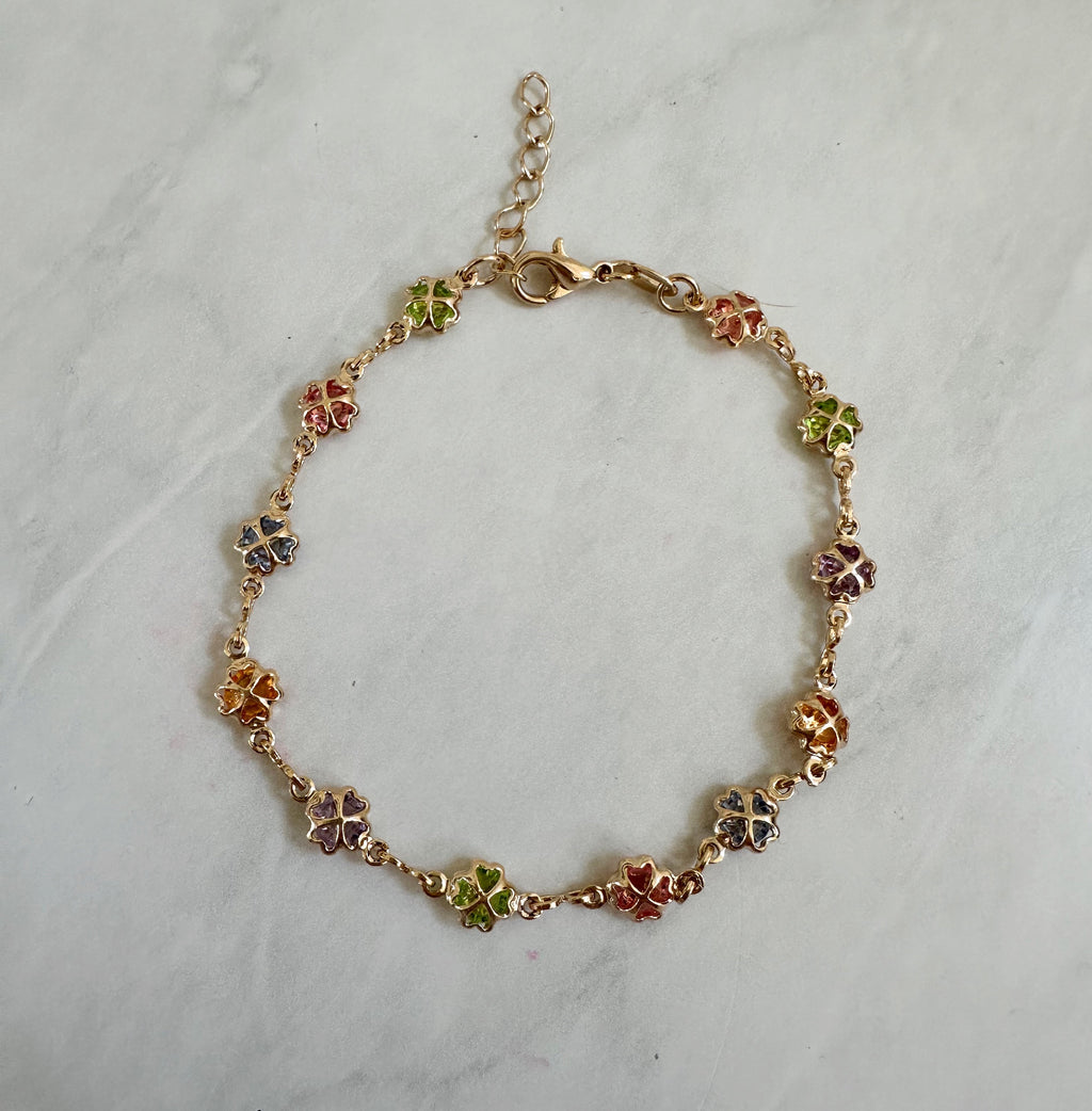 18k Gold Filled Clover Bracelet: Multicolored Cubic Zirconia, Dainty Chain