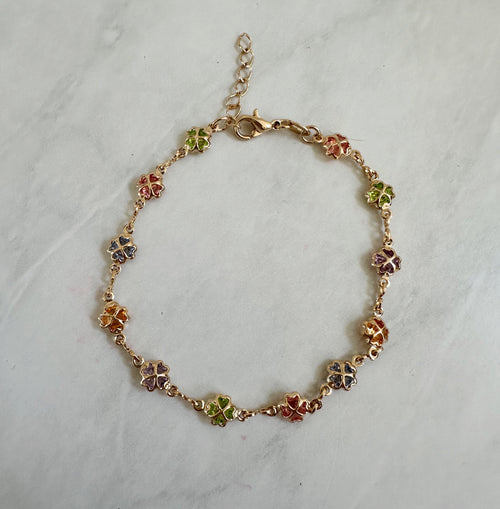 18k Gold Filled Clover Bracelet: Multicolored Cubic Zirconia, Dainty Chain