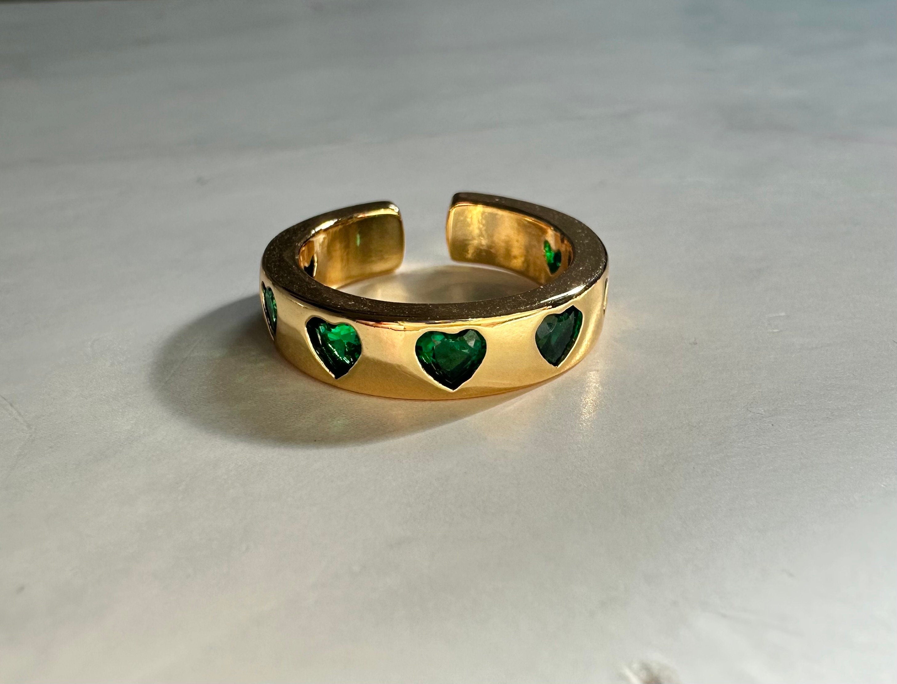 Green CZ Heart Ring: 18k Gold Plated Statement Jewelry Valentines Day