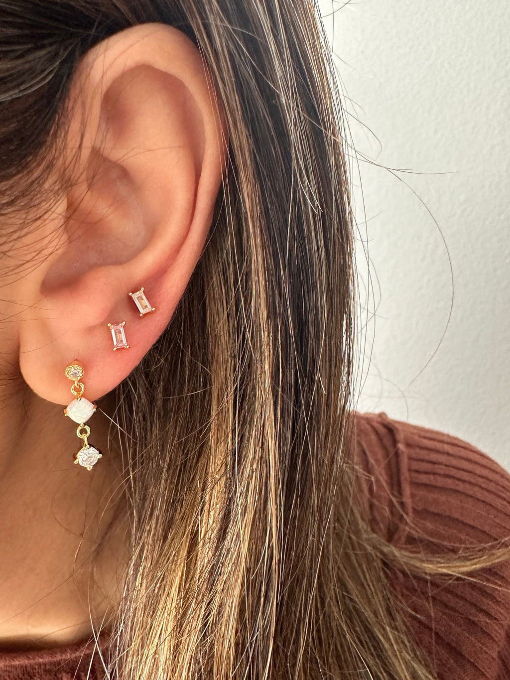 Pink CZ Silver Baguette Stud Earrings, Silver Studs, Valentine’s Day