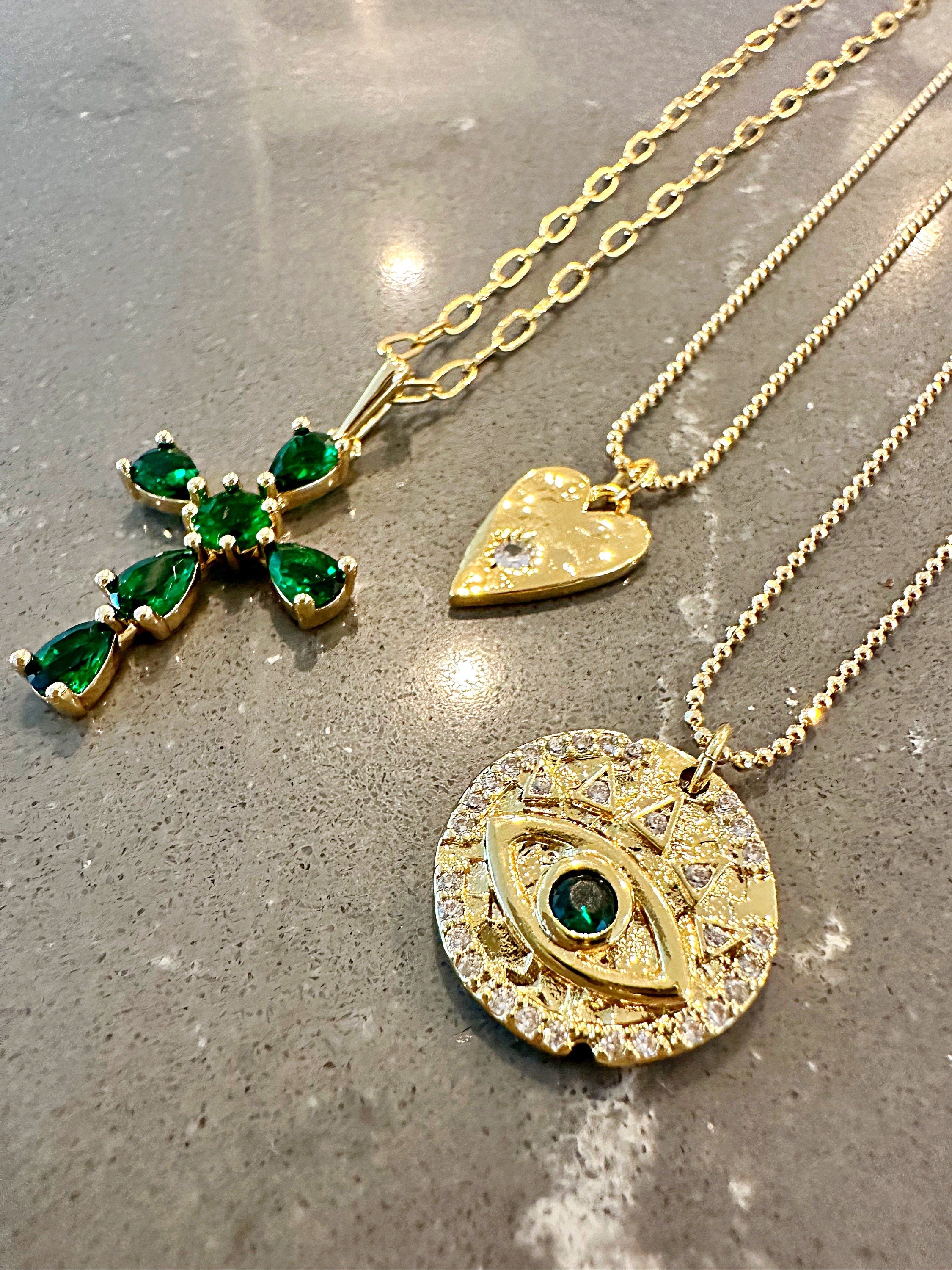 18k Gold Filled Green Evil Eye Coin Pendant Necklace
