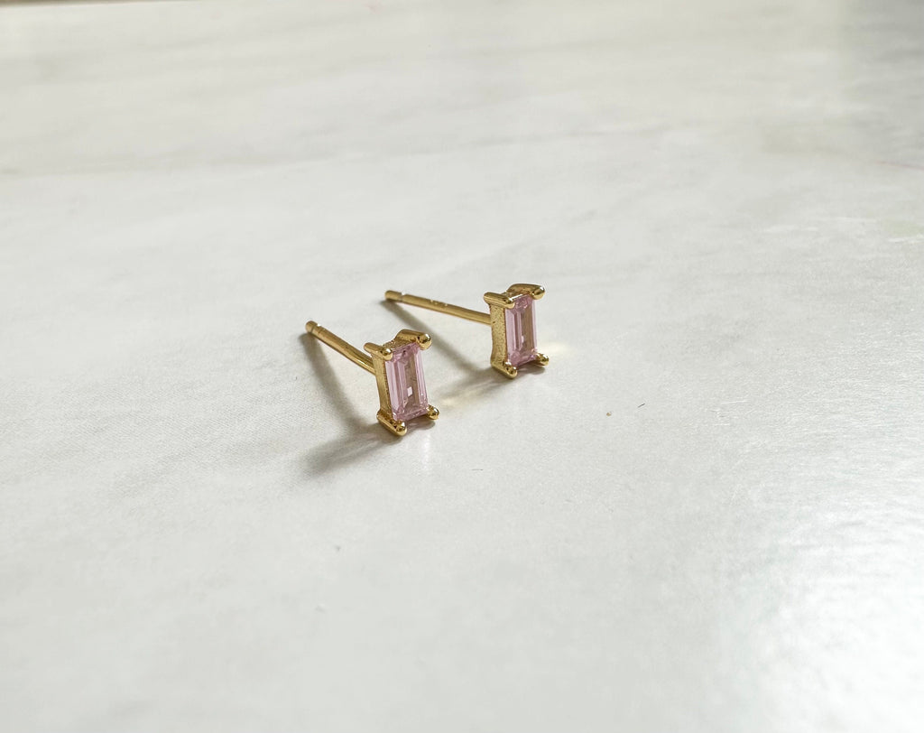 Pink CZ Gold Baguette Stud Earrings, Baguette Studs