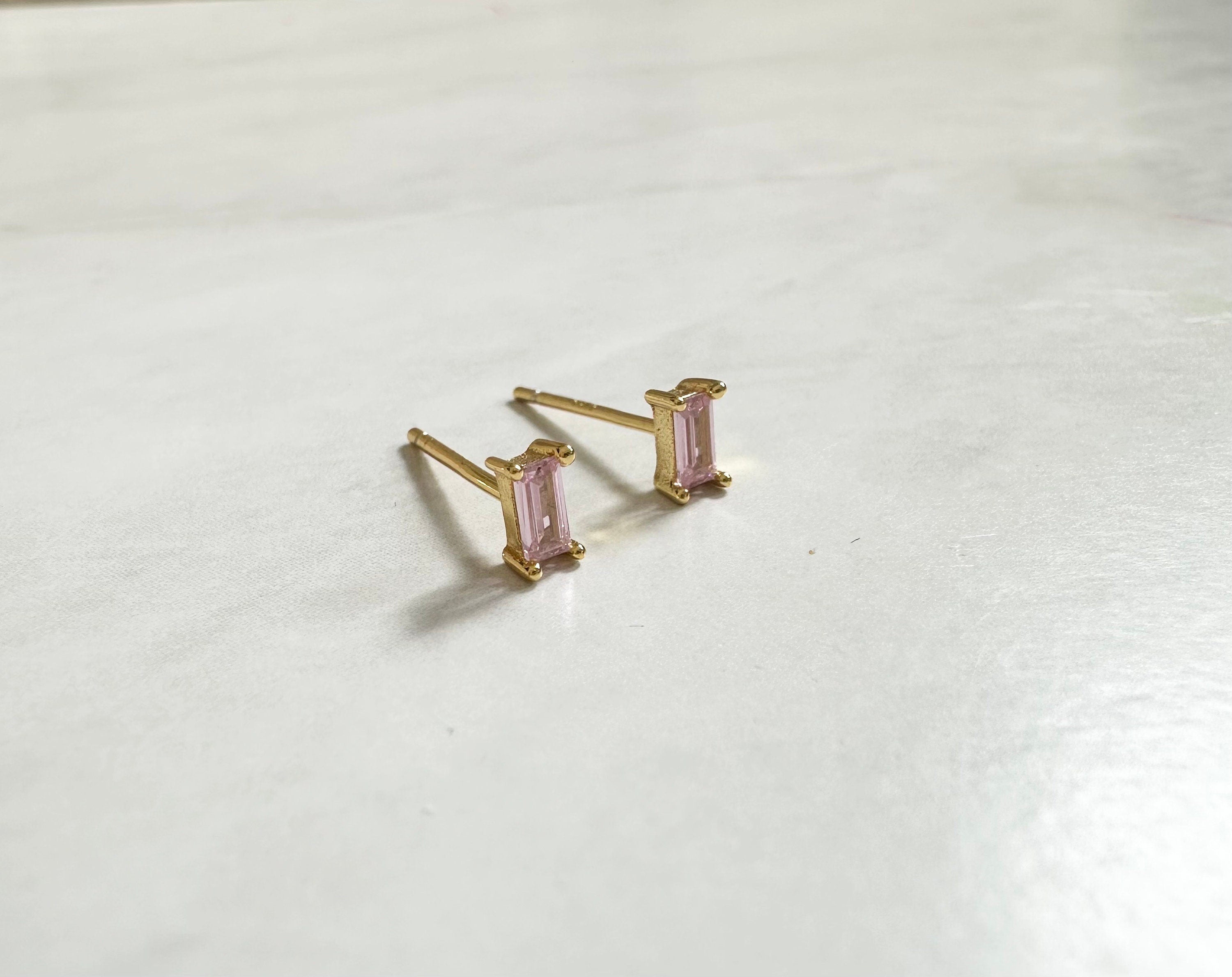 Pink CZ Gold Baguette Stud Earrings, Baguette Studs
