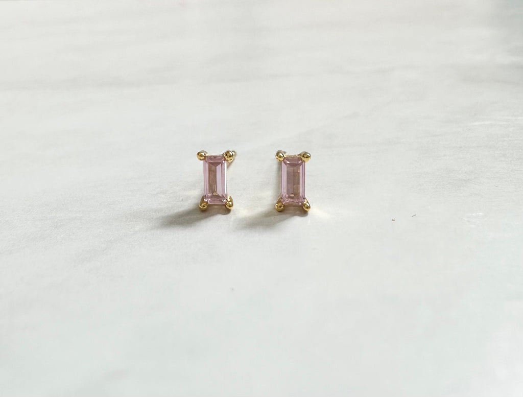 Pink CZ Gold Baguette Stud Earrings, Baguette Studs