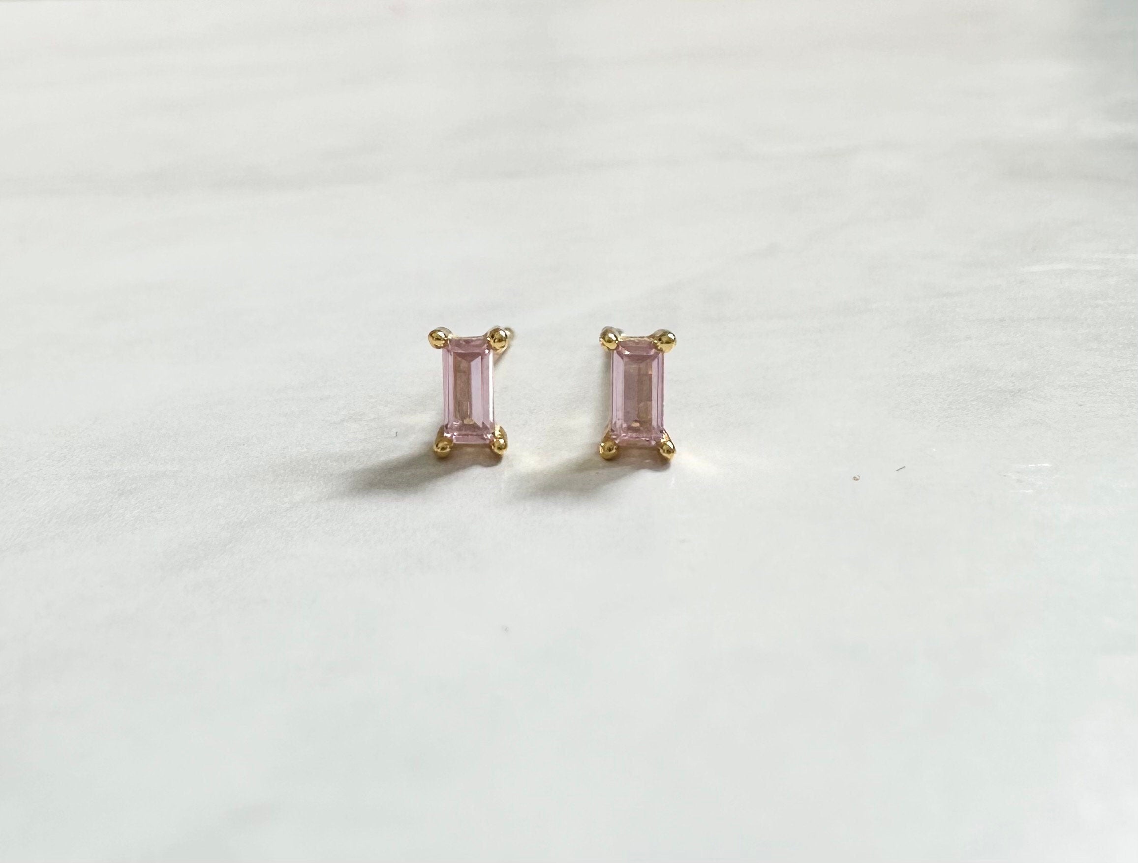 Pink CZ Gold Baguette Stud Earrings, Baguette Studs
