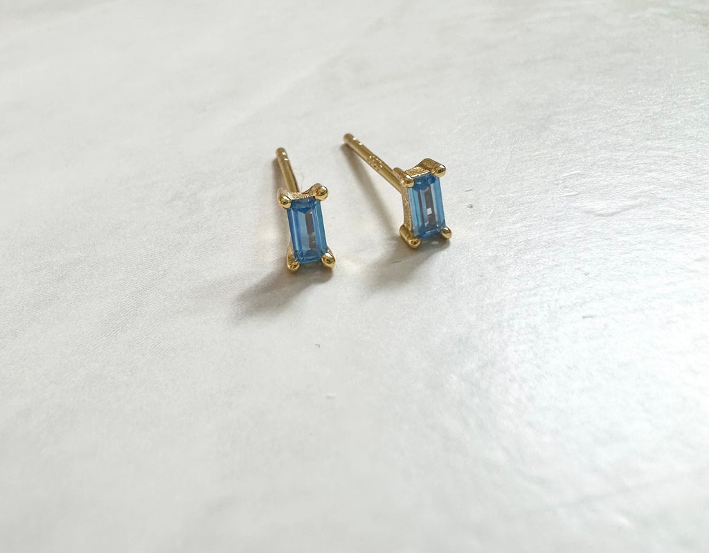 Light Blue CZ Gold Baguette Stud Earrings, Baguette Studs