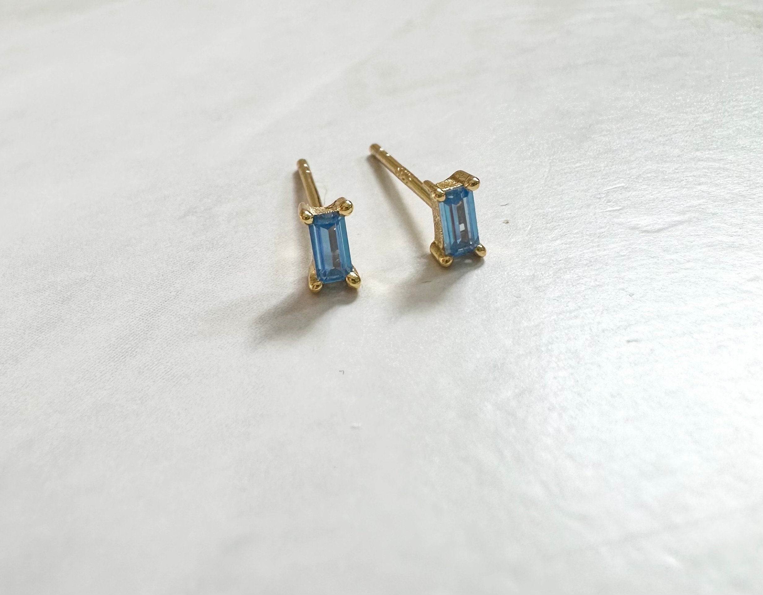 Light Blue CZ Gold Baguette Stud Earrings, Baguette Studs